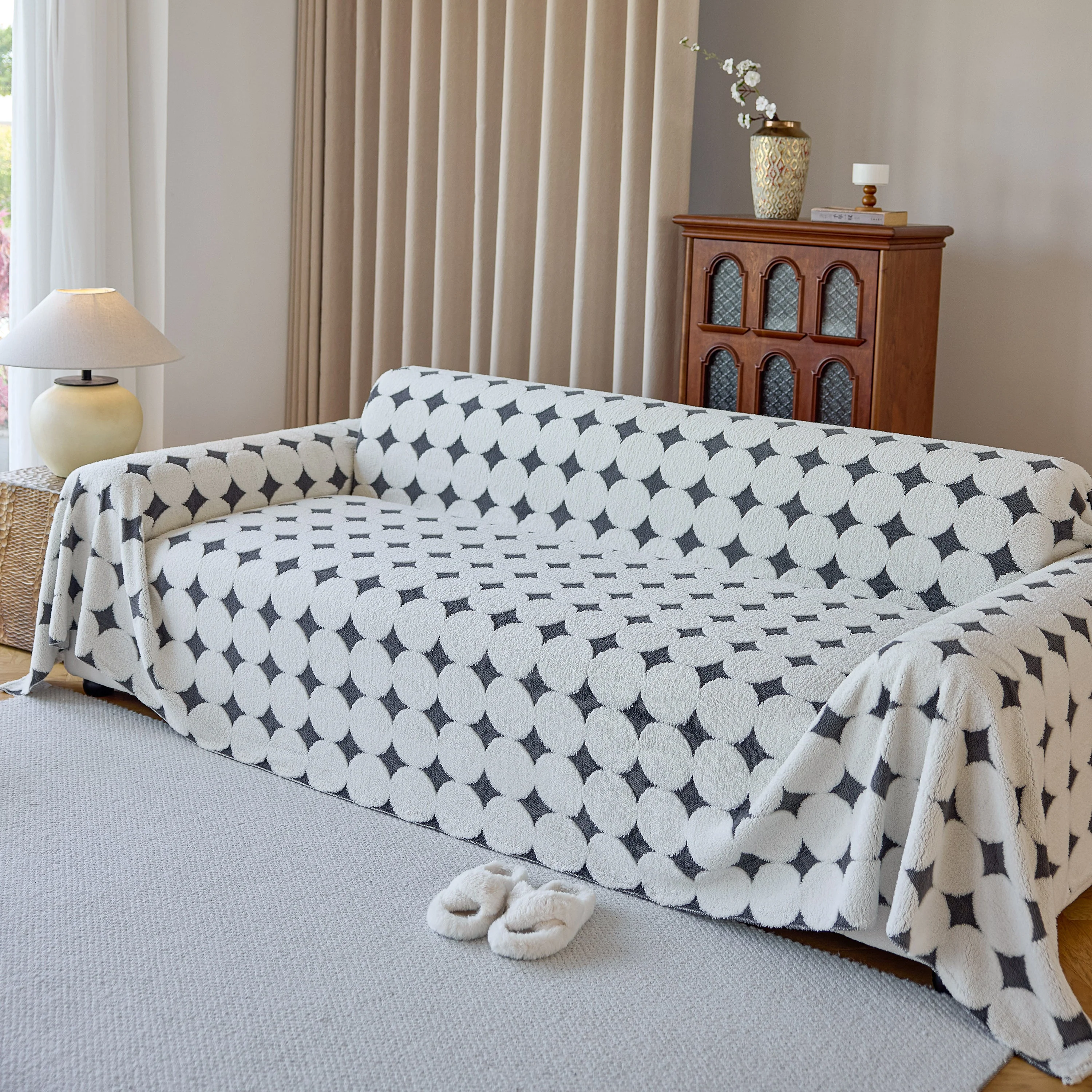 Geometric Jacquard Plush Warm Sofa Couch Cover Coral Fleece Throw Blanket for Couch - Image 46