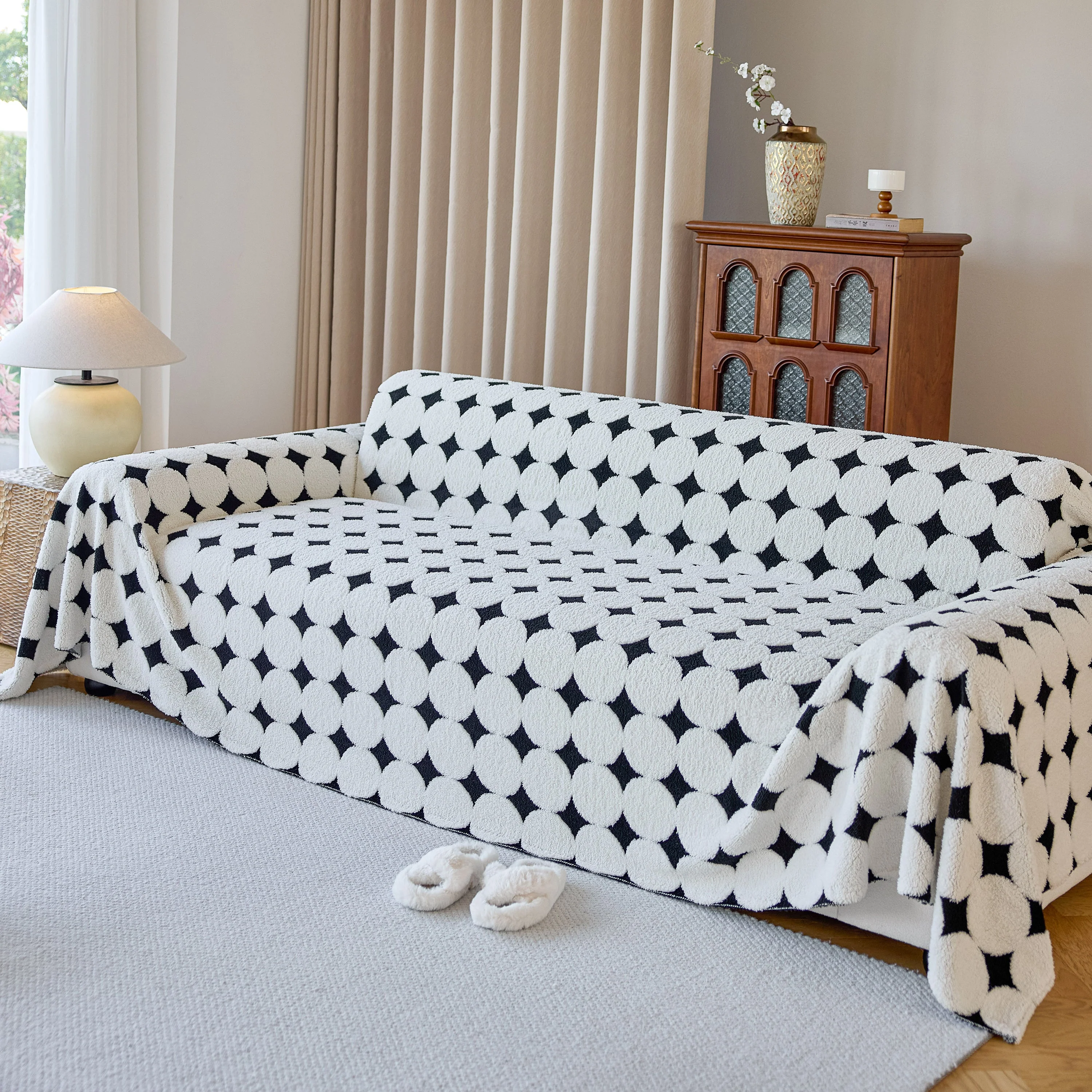 Geometric Jacquard Plush Warm Sofa Couch Cover Coral Fleece Throw Blanket for Couch - Image 48