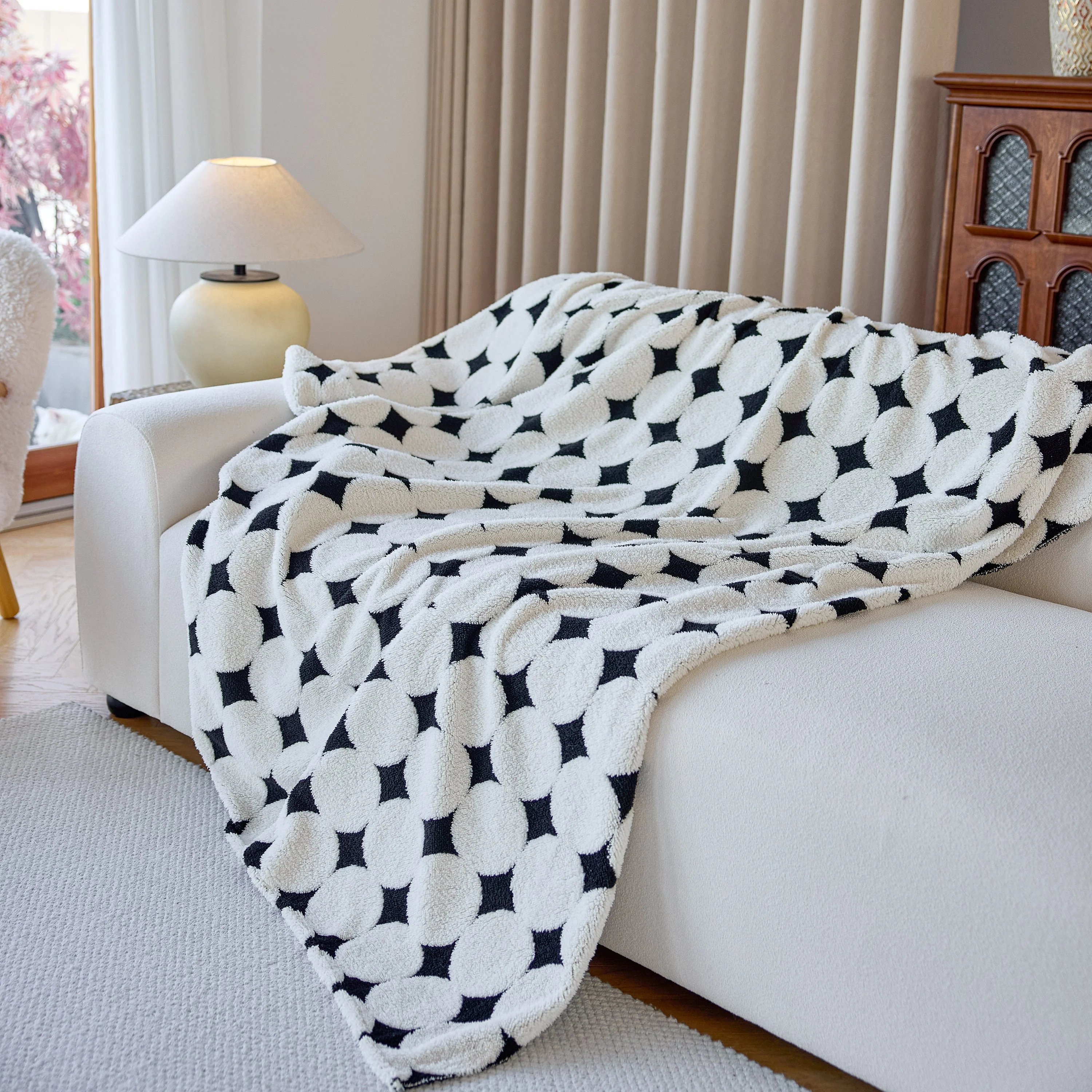 Geometric Jacquard Plush Warm Sofa Couch Cover Coral Fleece Throw Blanket for Couch - Image 54