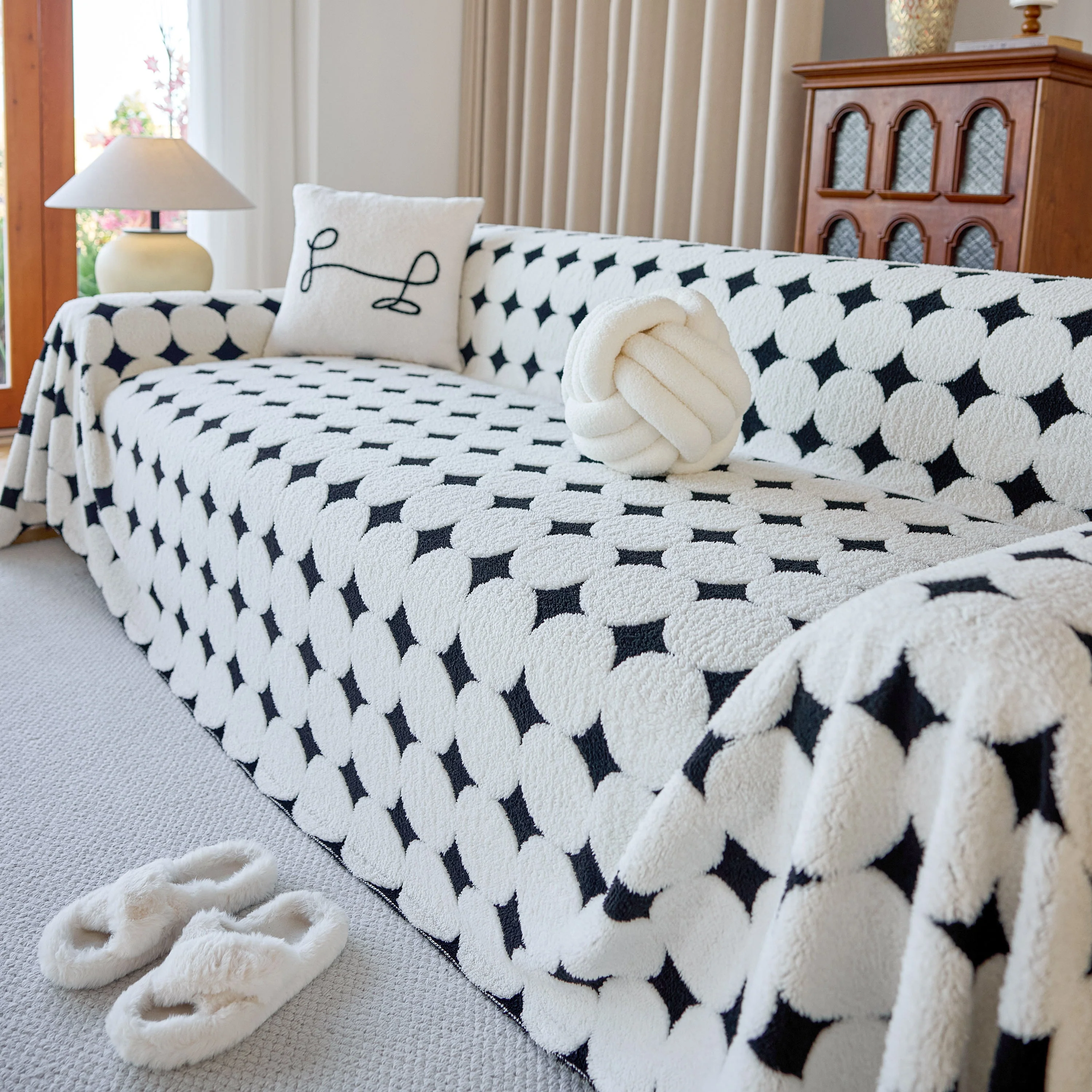 Geometric Jacquard Plush Warm Sofa Couch Cover Coral Fleece Throw Blanket for Couch - Image 56