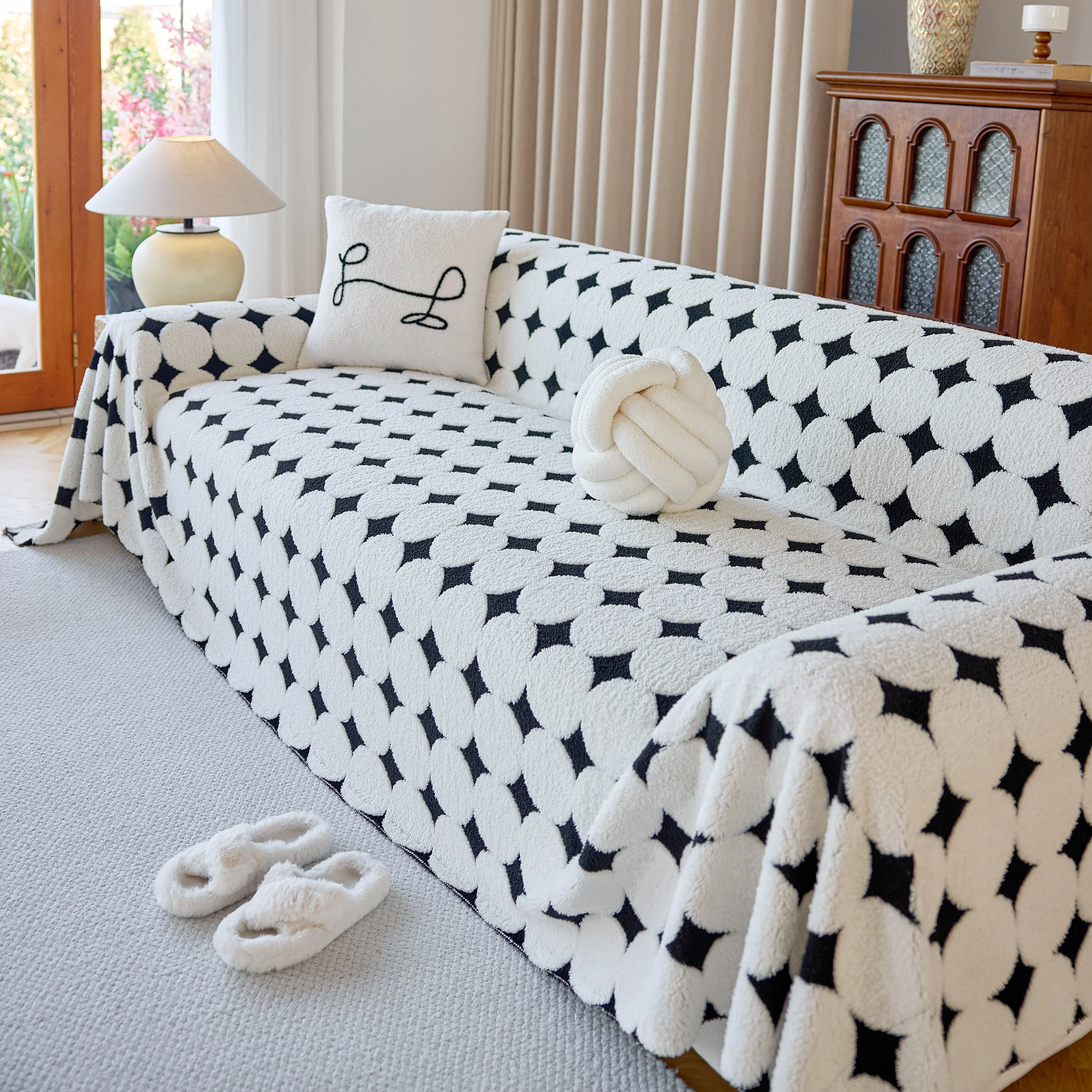Geometric Jacquard Plush Warm Sofa Couch Cover Coral Fleece Throw Blanket for Couch - Image 57