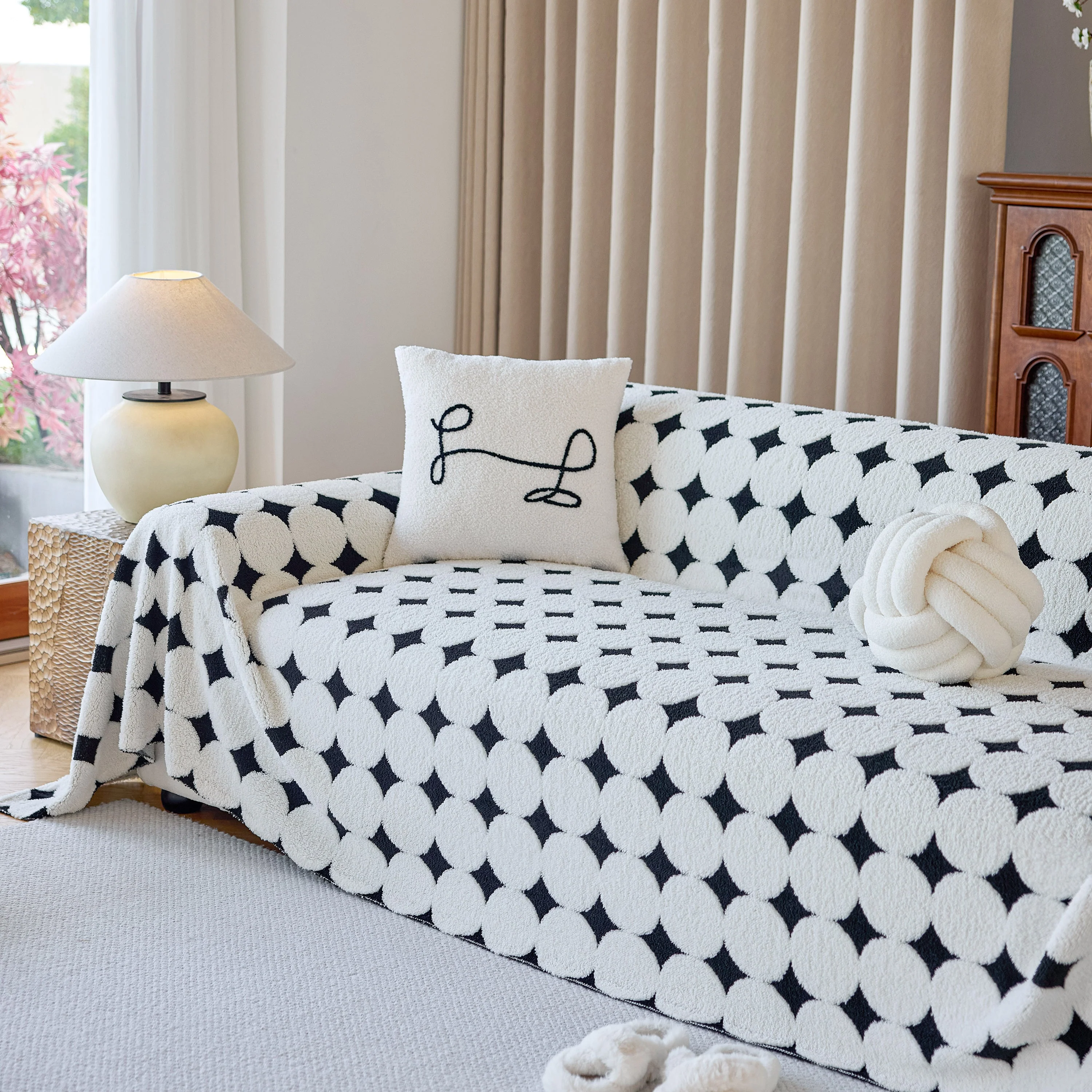 Geometric Jacquard Plush Warm Sofa Couch Cover Coral Fleece Throw Blanket for Couch - Image 58