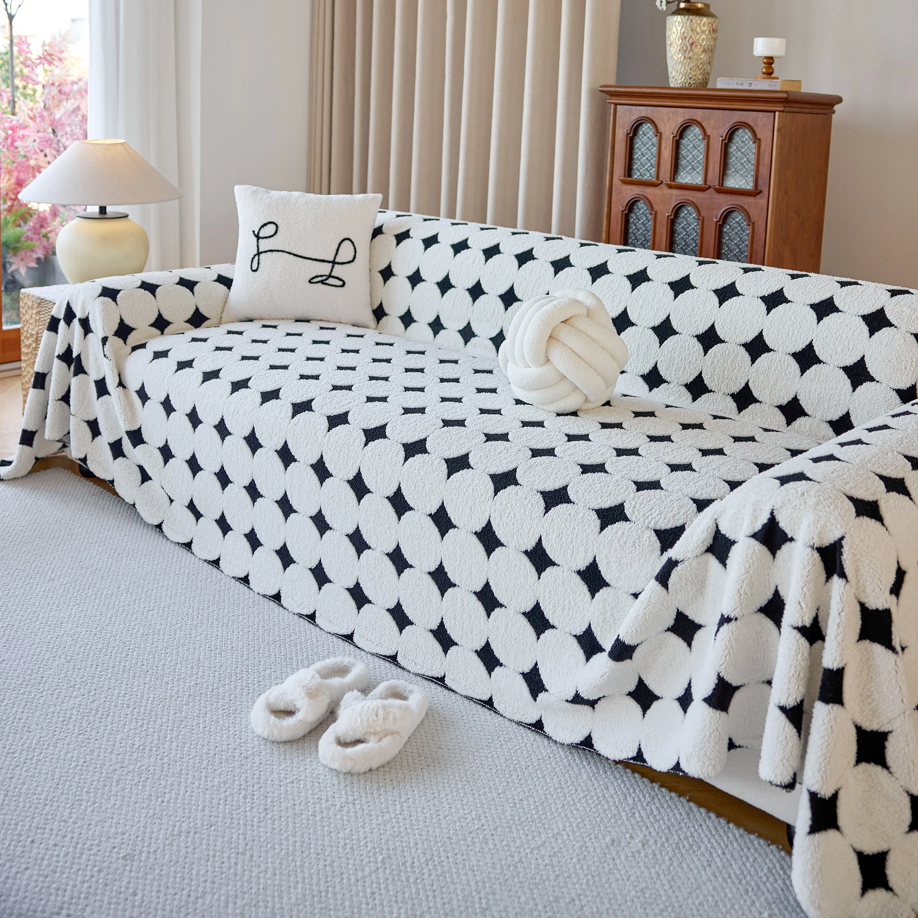 Geometric Jacquard Plush Warm Sofa Couch Cover Coral Fleece Throw Blanket for Couch - Image 59
