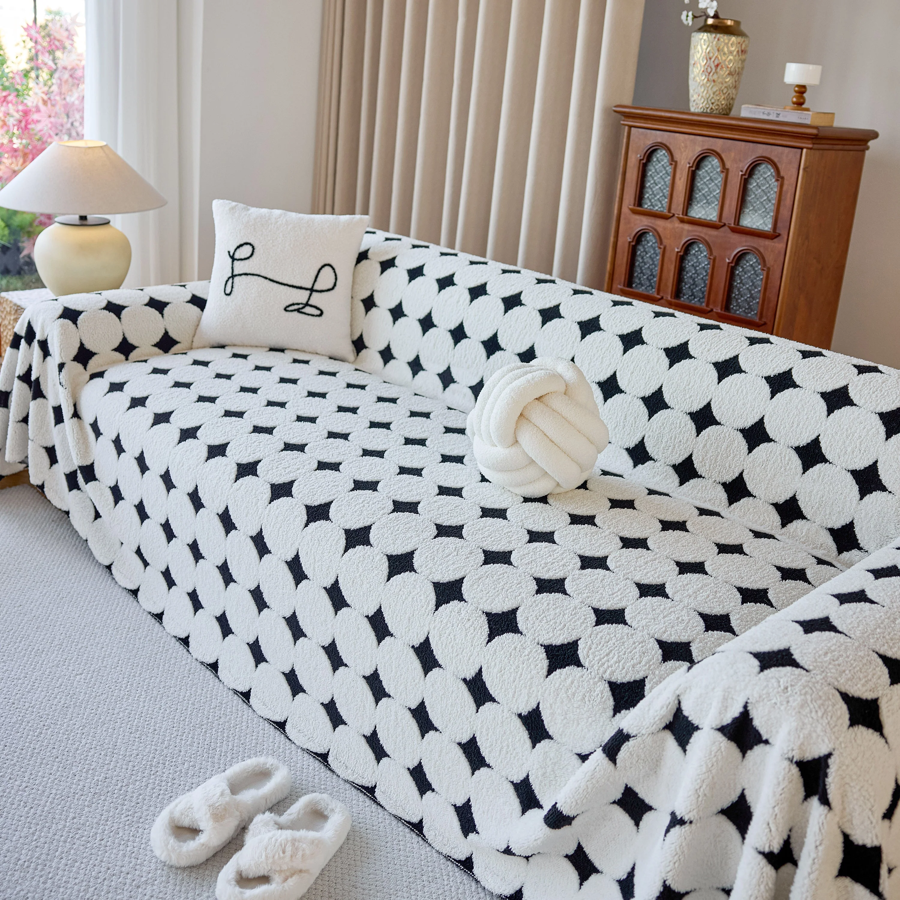 Geometric Jacquard Plush Warm Sofa Couch Cover Coral Fleece Throw Blanket for Couch - Image 60