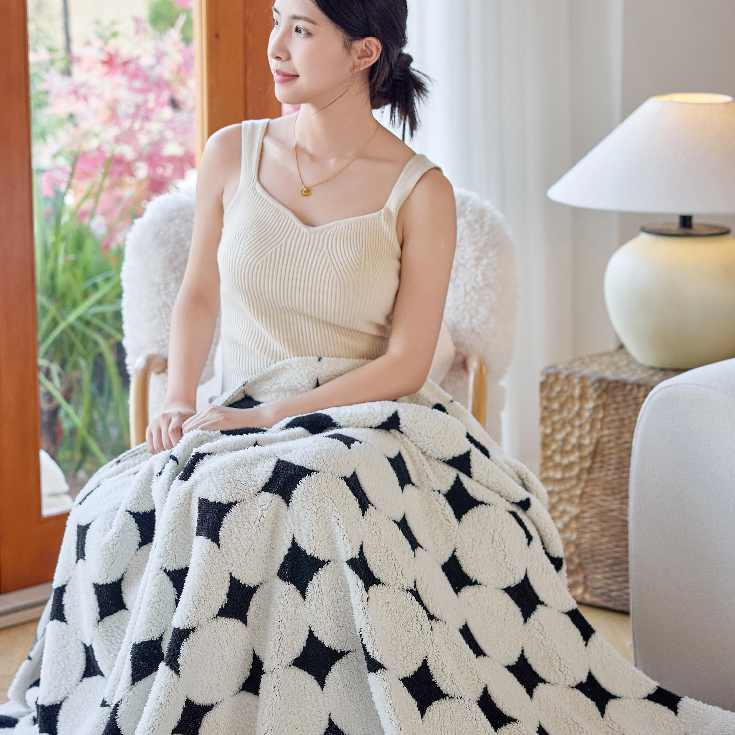 Geometric Jacquard Plush Warm Sofa Couch Cover Coral Fleece Throw Blanket for Couch - Image 68