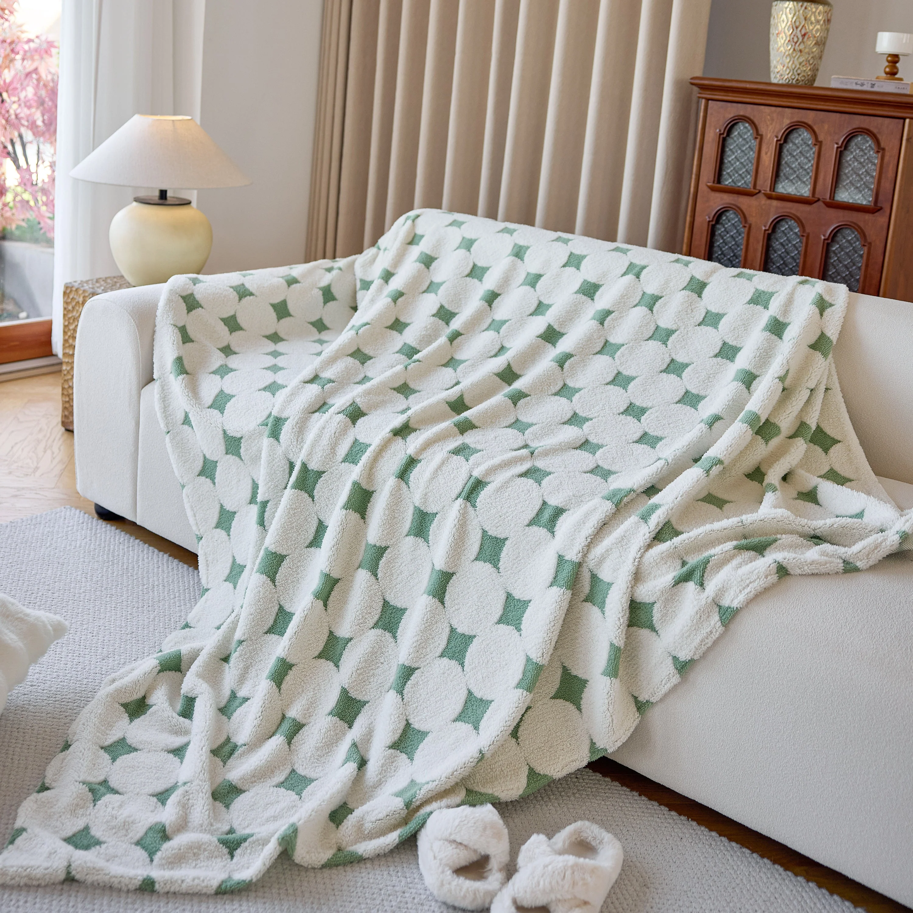 Geometric Jacquard Plush Warm Sofa Couch Cover Coral Fleece Throw Blanket for Couch - Image 7