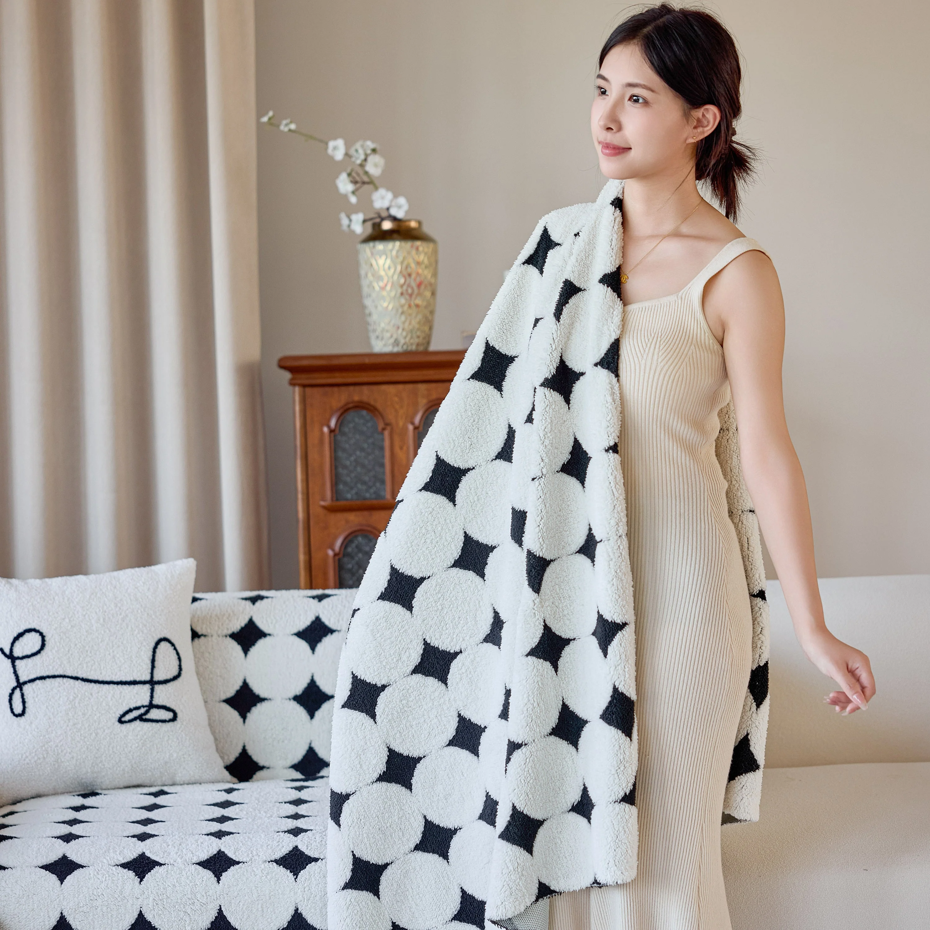 Geometric Jacquard Plush Warm Sofa Couch Cover Coral Fleece Throw Blanket for Couch - Image 70