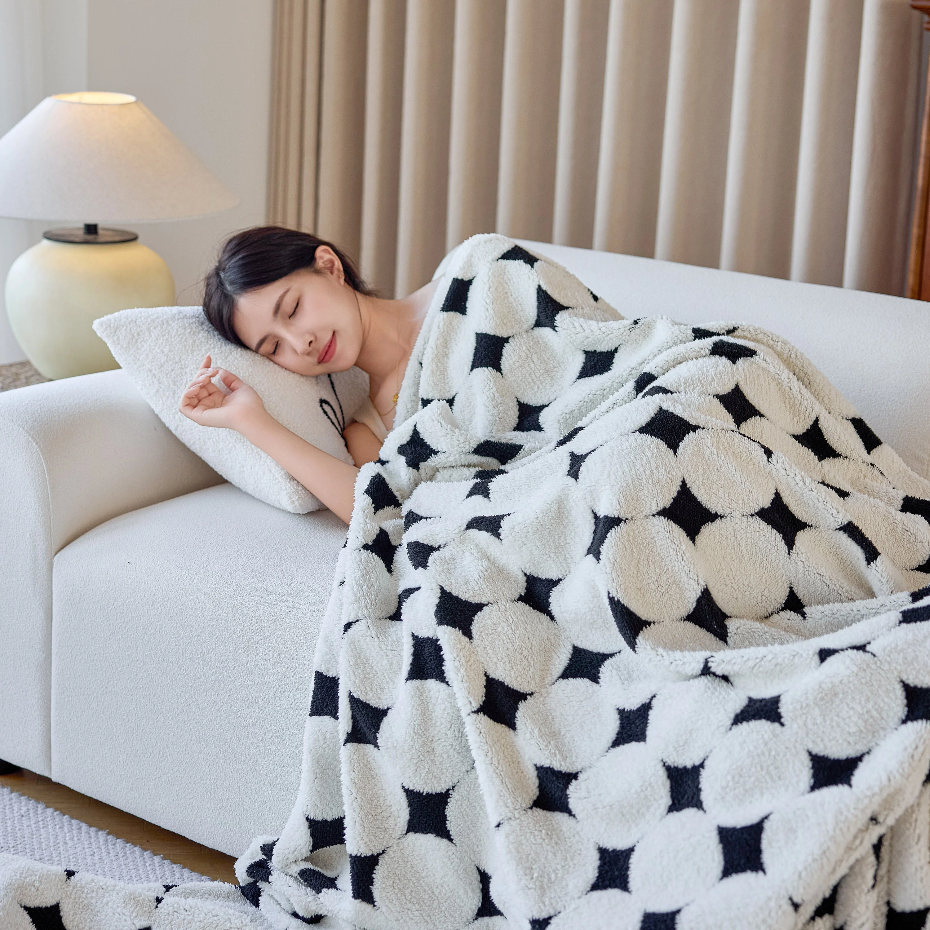 Geometric Jacquard Plush Warm Sofa Couch Cover Coral Fleece Throw Blanket for Couch - Image 72