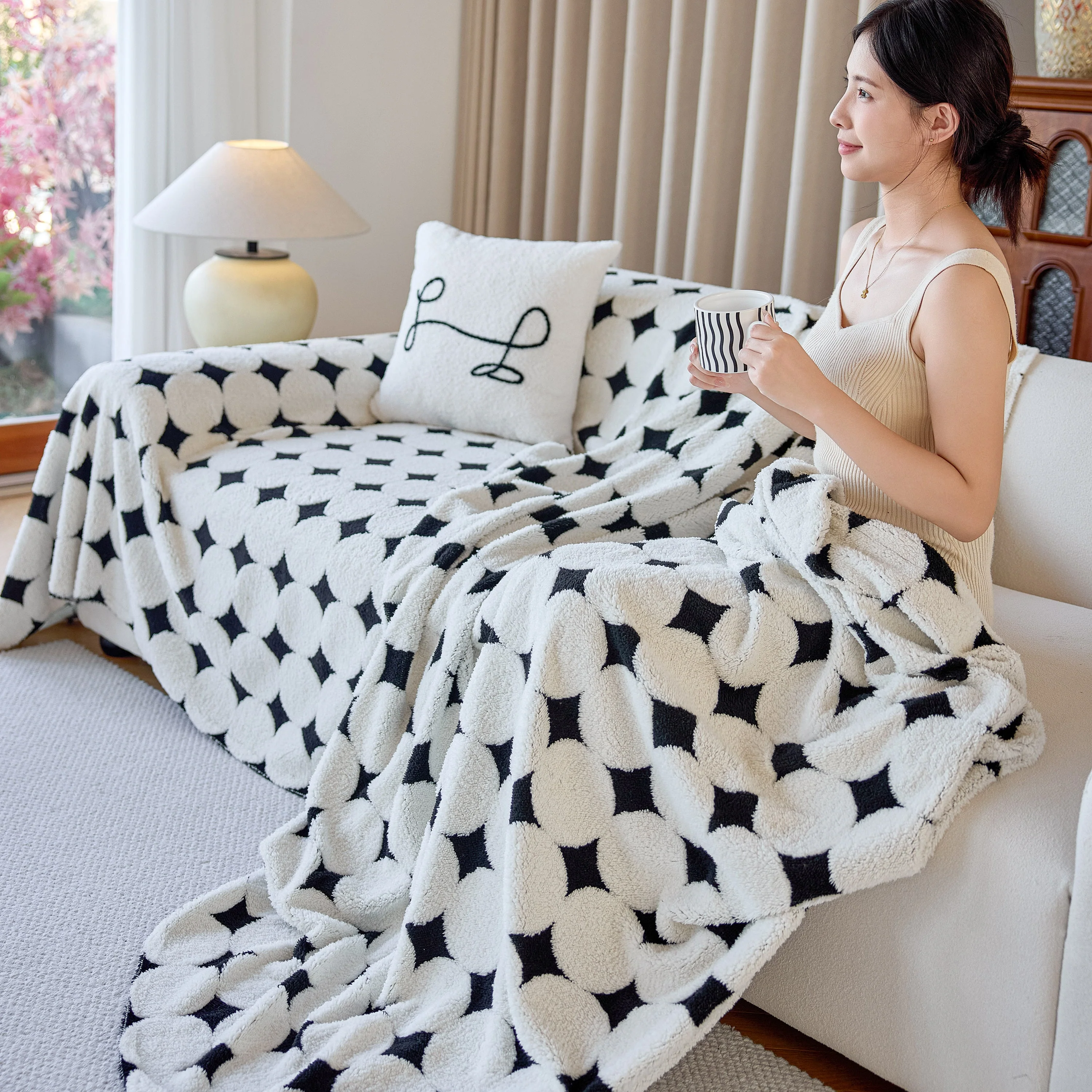 Geometric Jacquard Plush Warm Sofa Couch Cover Coral Fleece Throw Blanket for Couch - Image 73