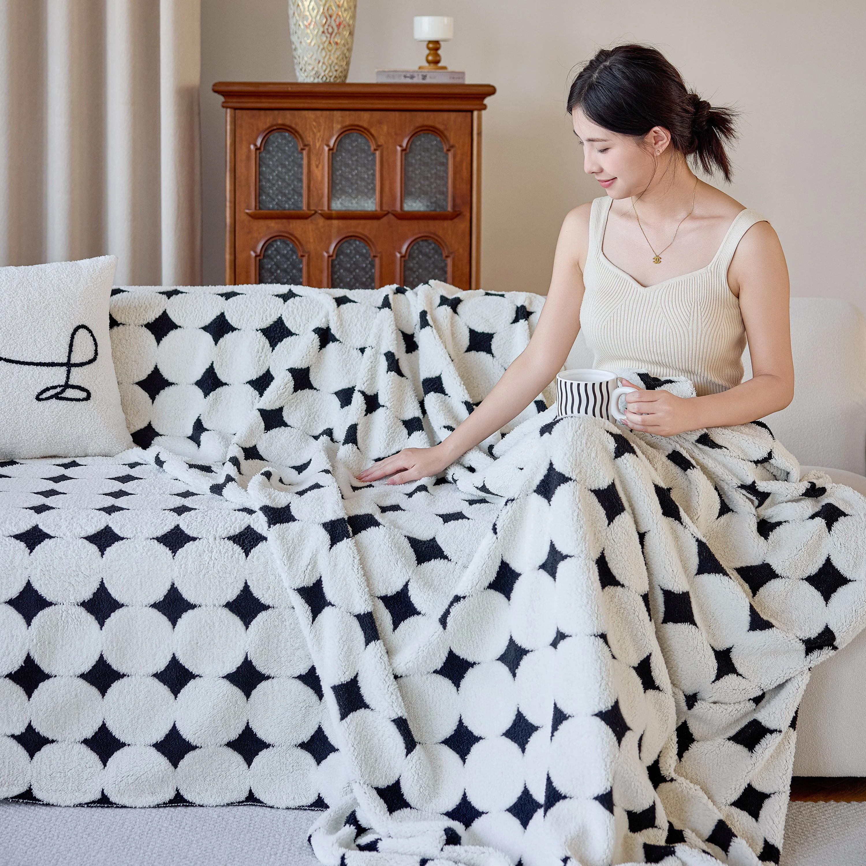 Geometric Jacquard Plush Warm Sofa Couch Cover Coral Fleece Throw Blanket for Couch - Image 76