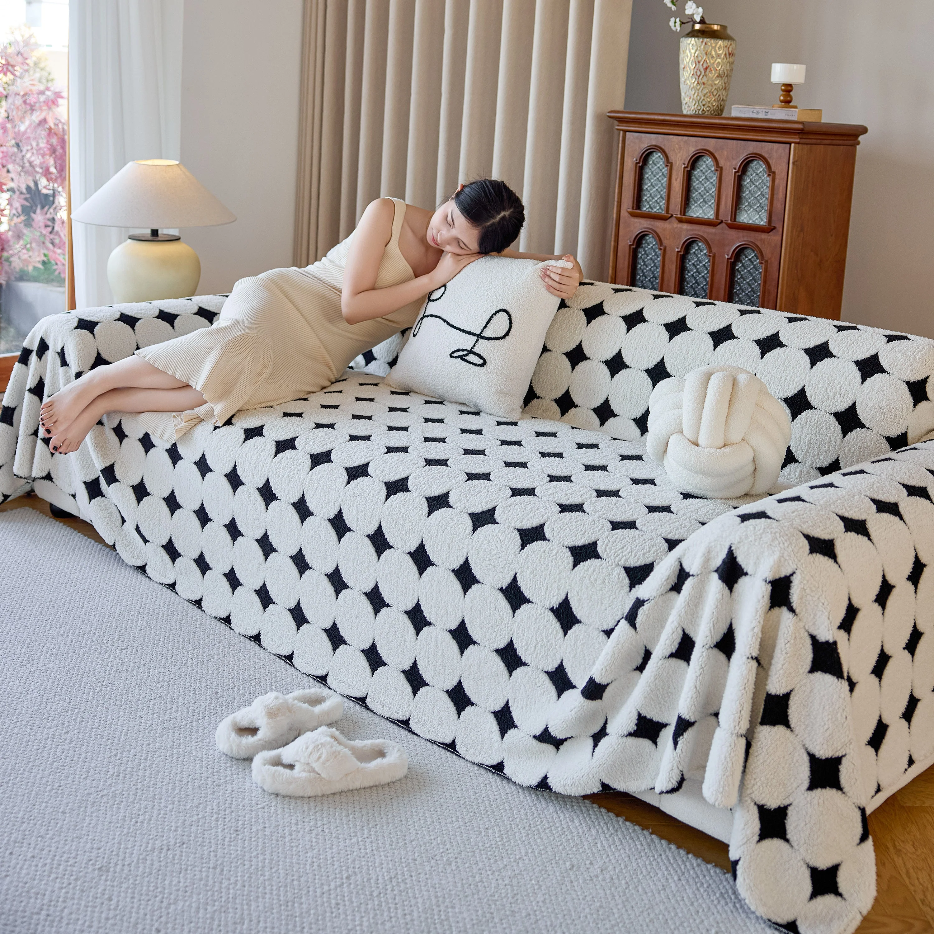 Geometric Jacquard Plush Warm Sofa Couch Cover Coral Fleece Throw Blanket for Couch - Image 77