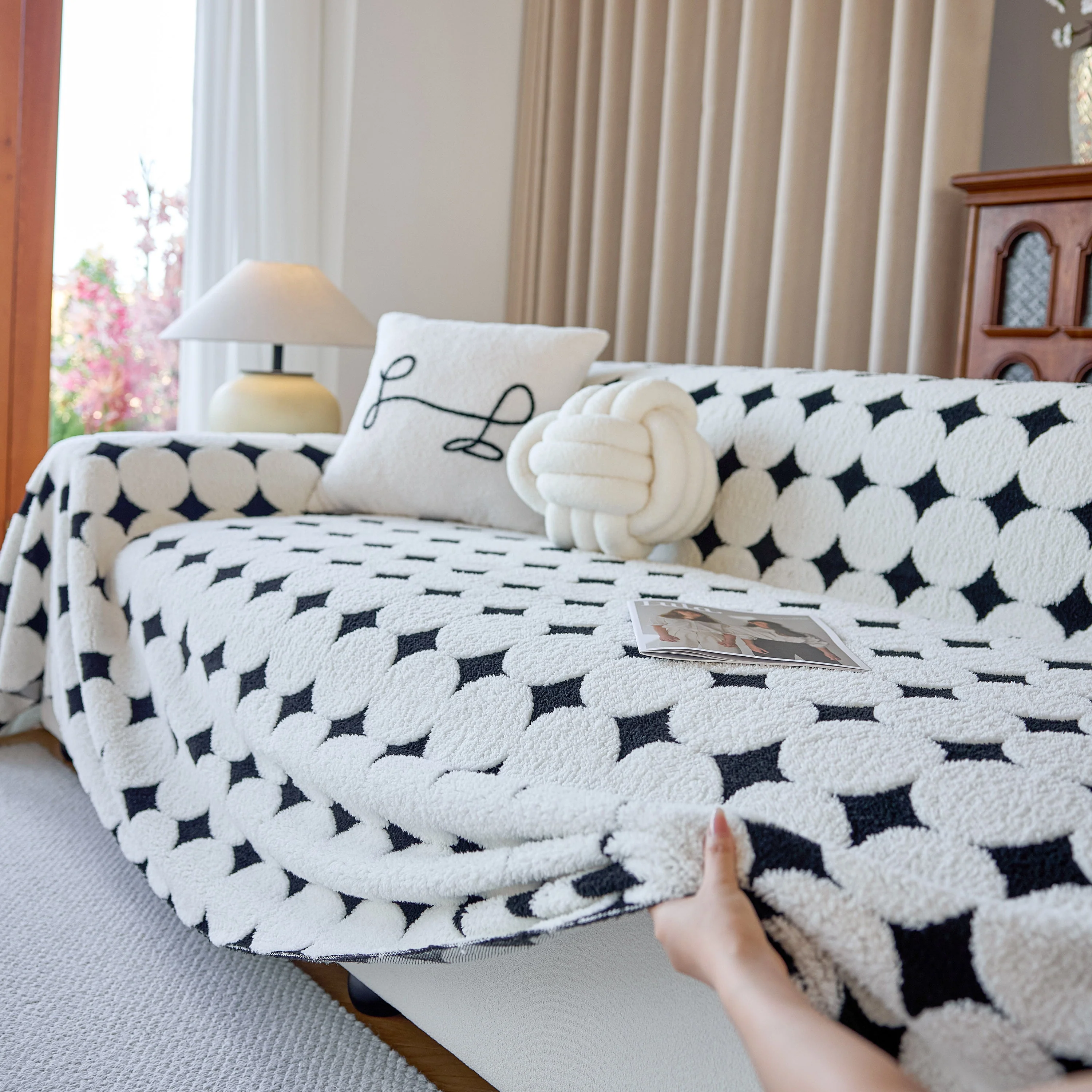 Geometric Jacquard Plush Warm Sofa Couch Cover Coral Fleece Throw Blanket for Couch - Image 79
