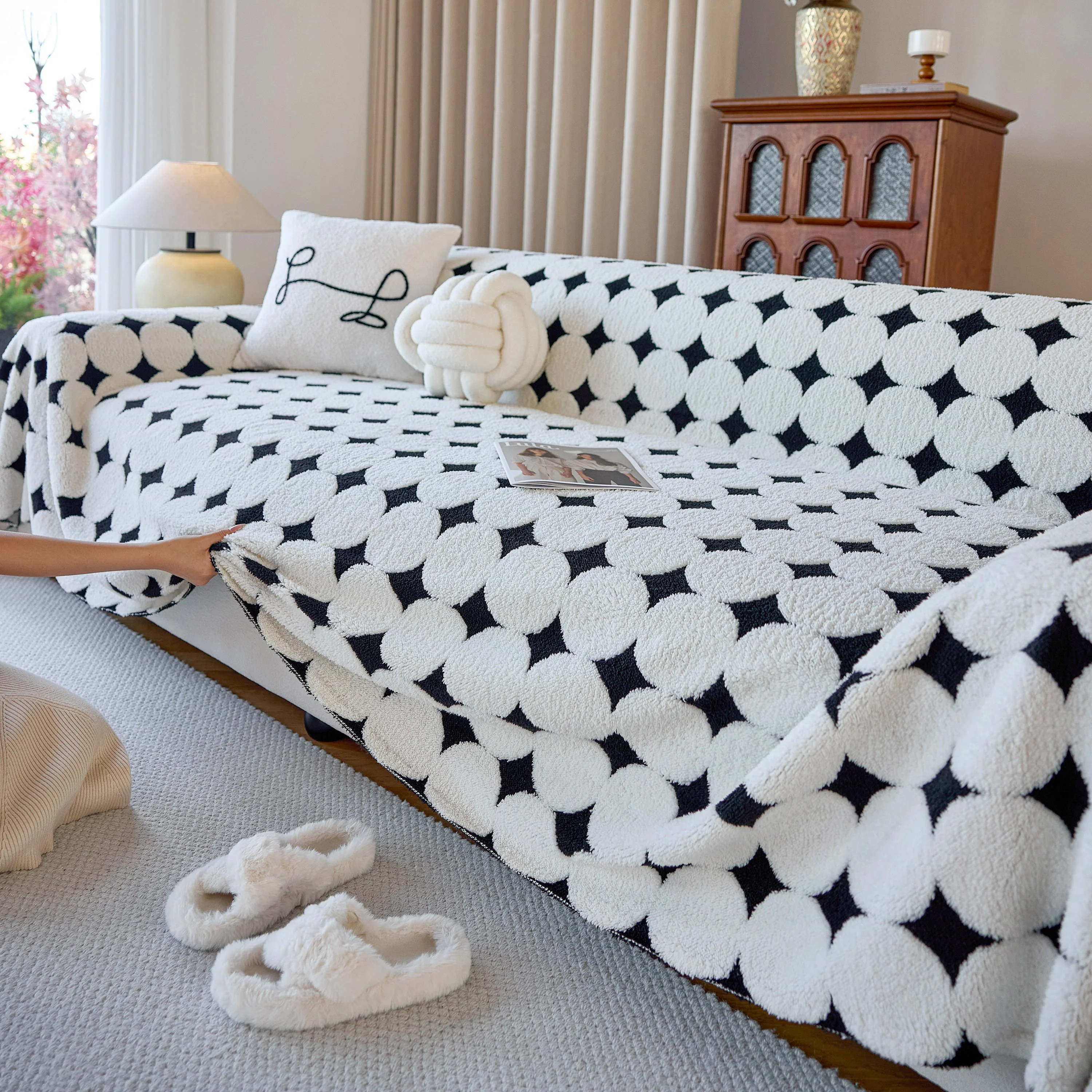 Geometric Jacquard Plush Warm Sofa Couch Cover Coral Fleece Throw Blanket for Couch - Image 88