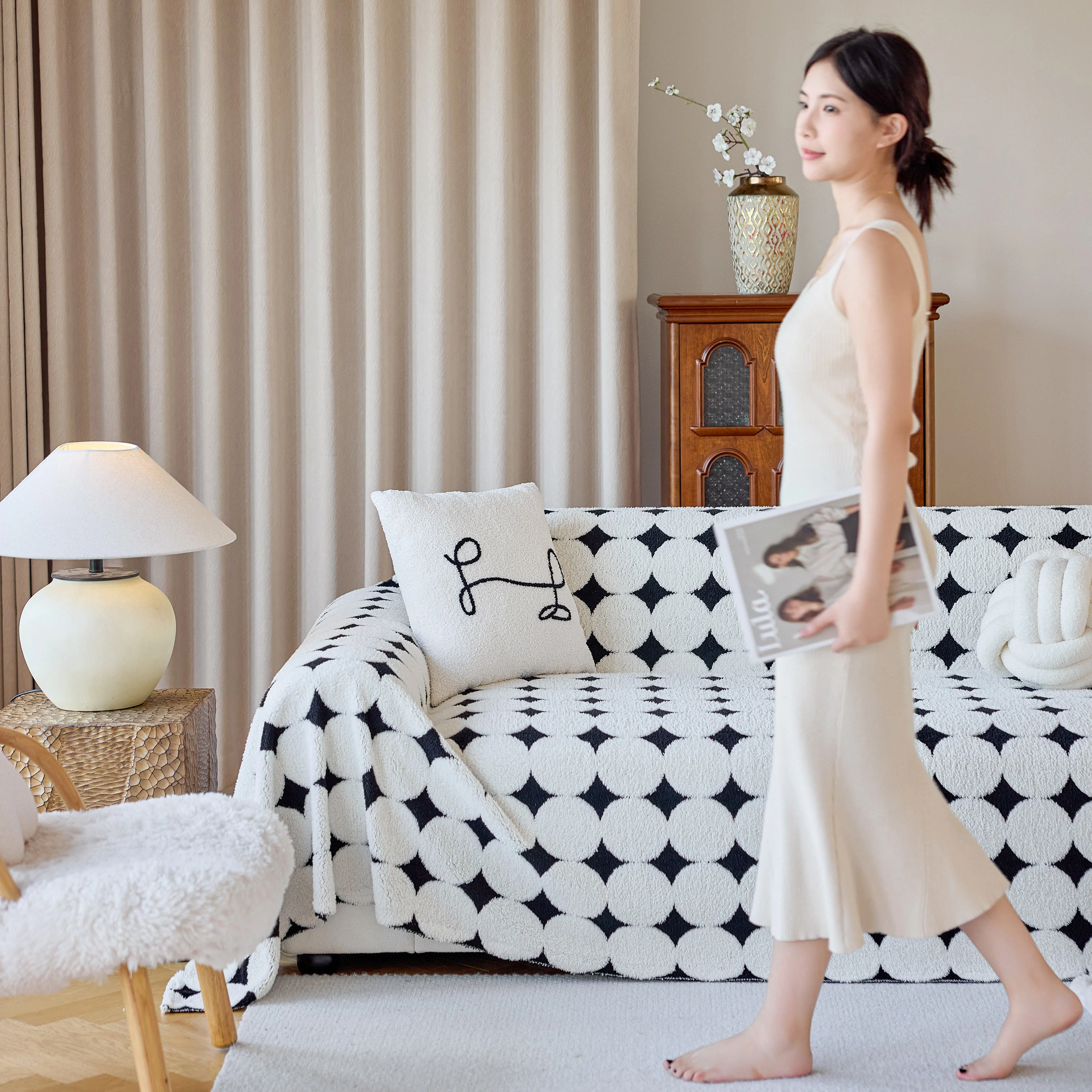 Geometric Jacquard Plush Warm Sofa Couch Cover Coral Fleece Throw Blanket for Couch - Image 92
