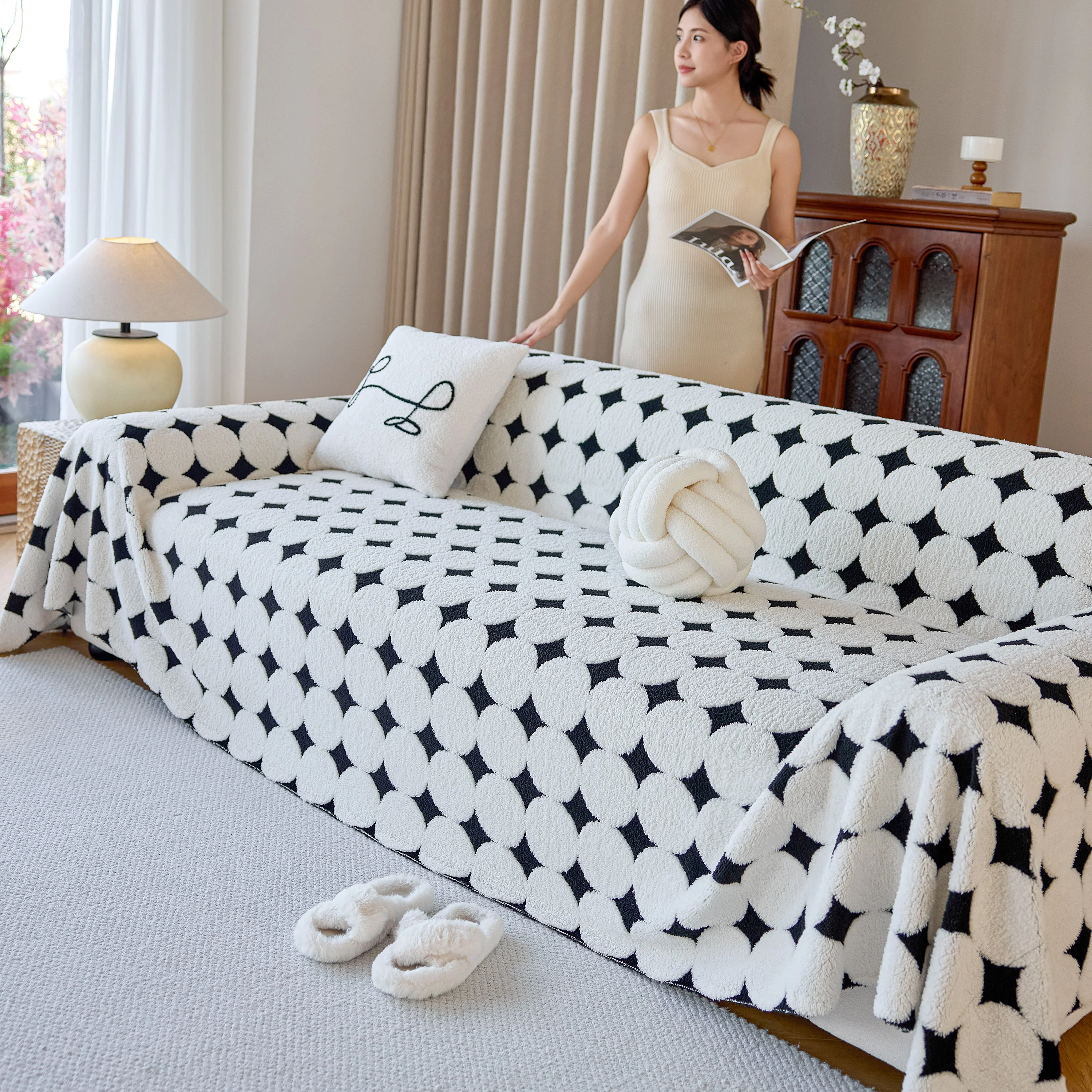 Geometric Jacquard Plush Warm Sofa Couch Cover Coral Fleece Throw Blanket for Couch - Image 93