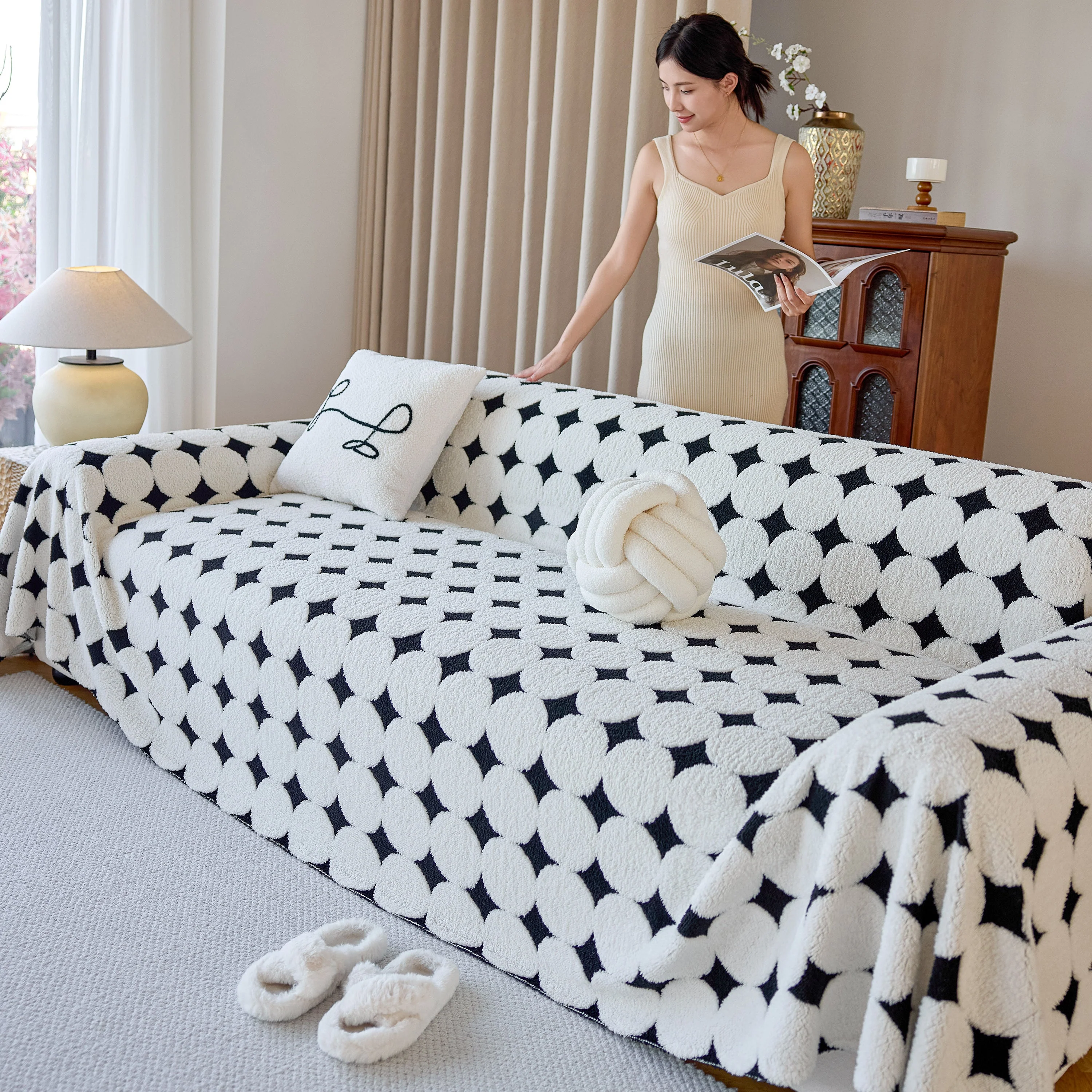 Geometric Jacquard Plush Warm Sofa Couch Cover Coral Fleece Throw Blanket for Couch - Image 96