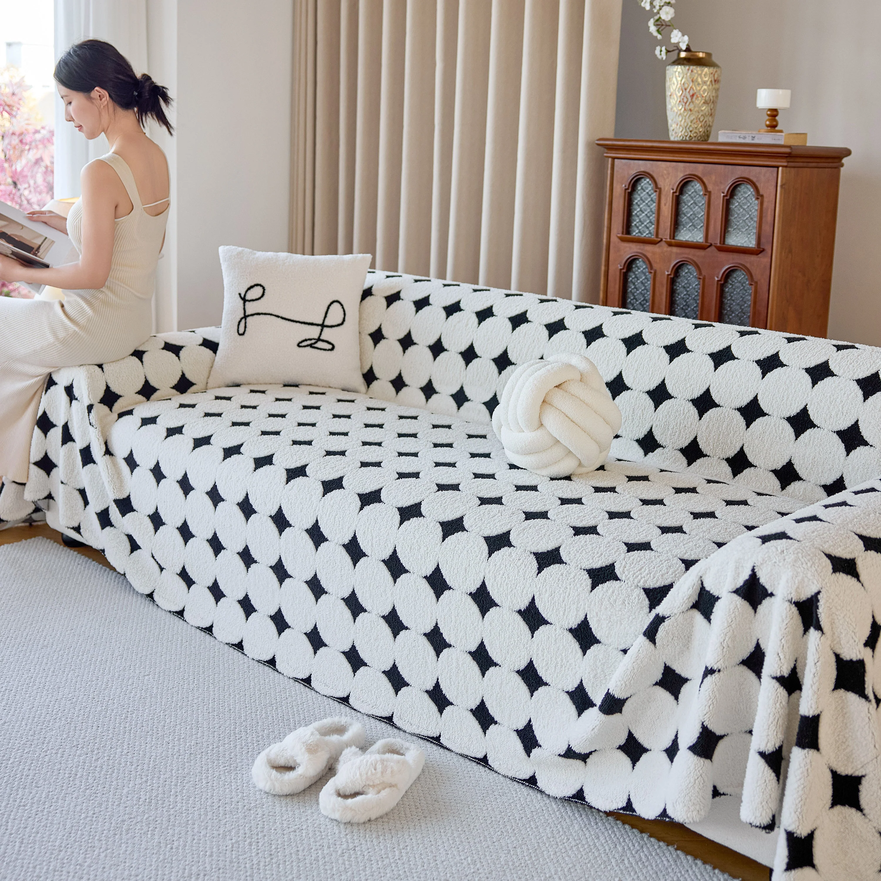 Geometric Jacquard Plush Warm Sofa Couch Cover Coral Fleece Throw Blanket for Couch - Image 97