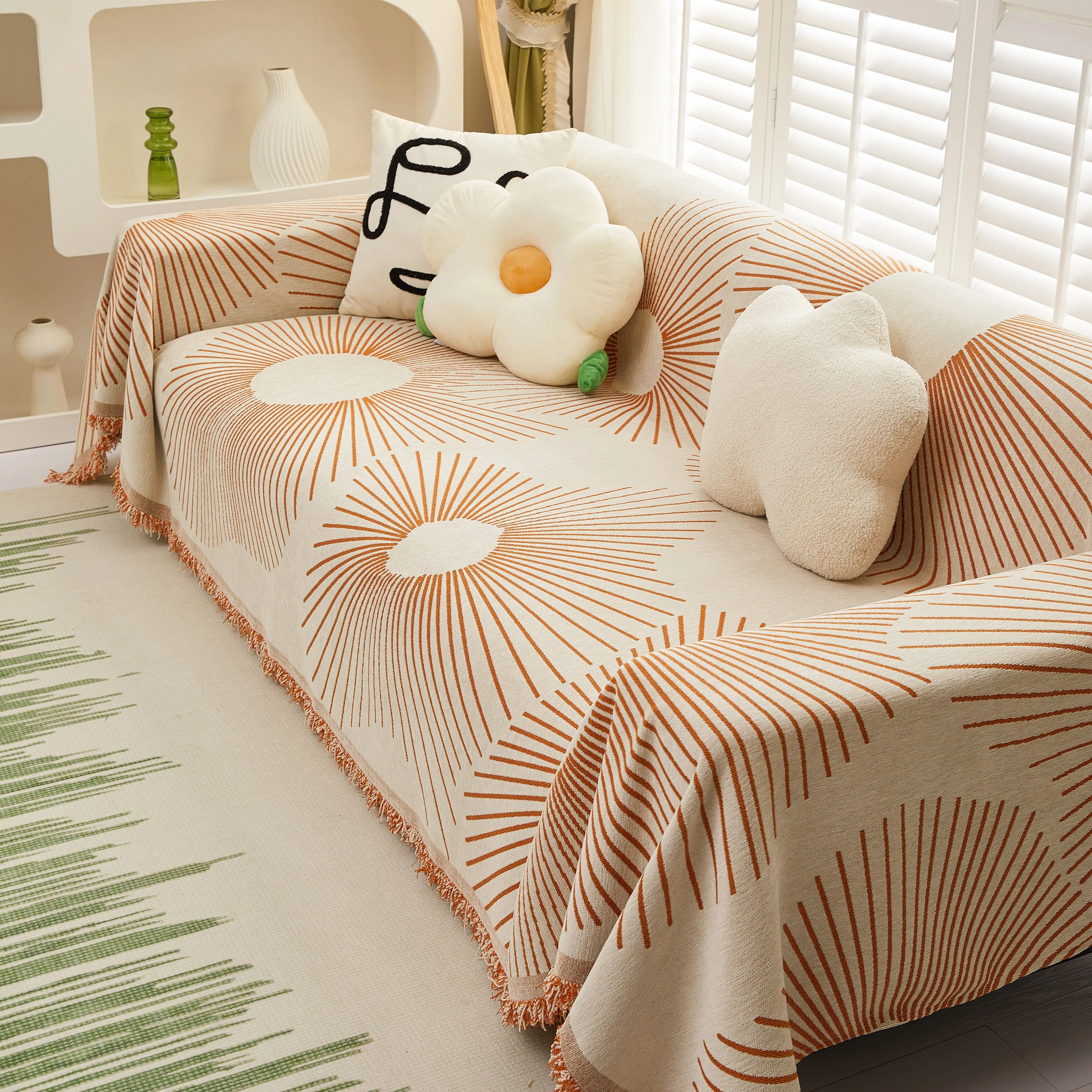 Geometric Radial Striped L-Shape Sofa Cover: Thick, Reversible Furniture Blanket for Kids and Pets - Image 100