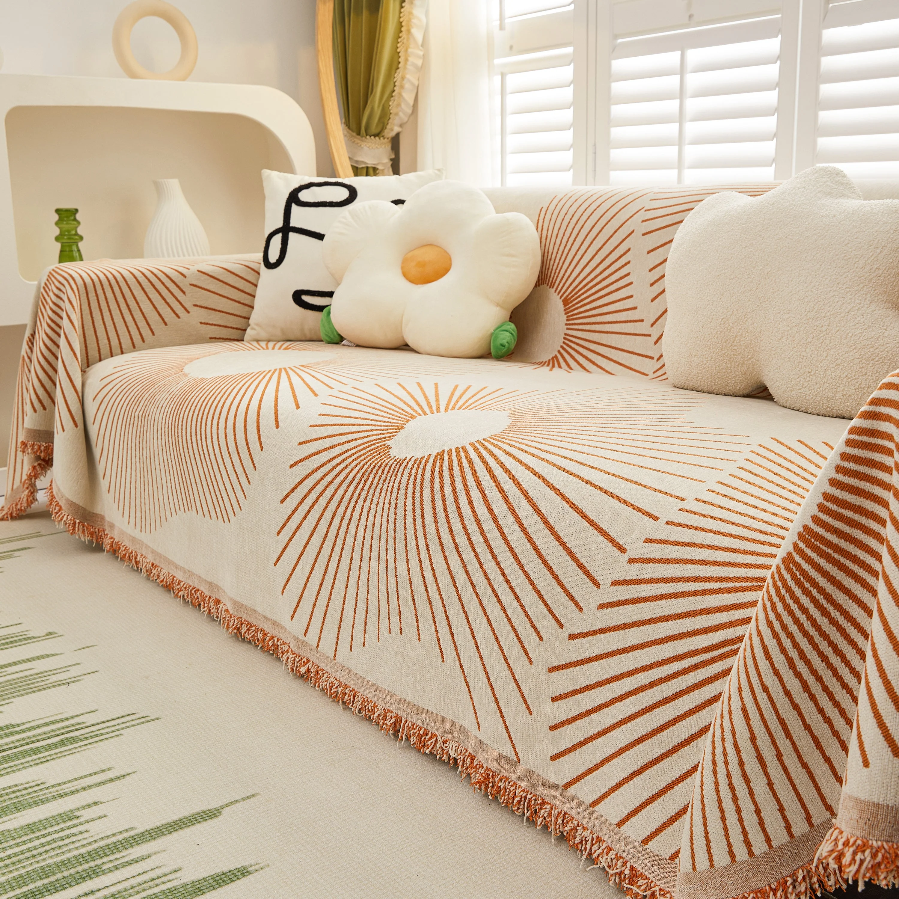 Geometric Radial Striped L-Shape Sofa Cover: Thick, Reversible Furniture Blanket for Kids and Pets - Image 102