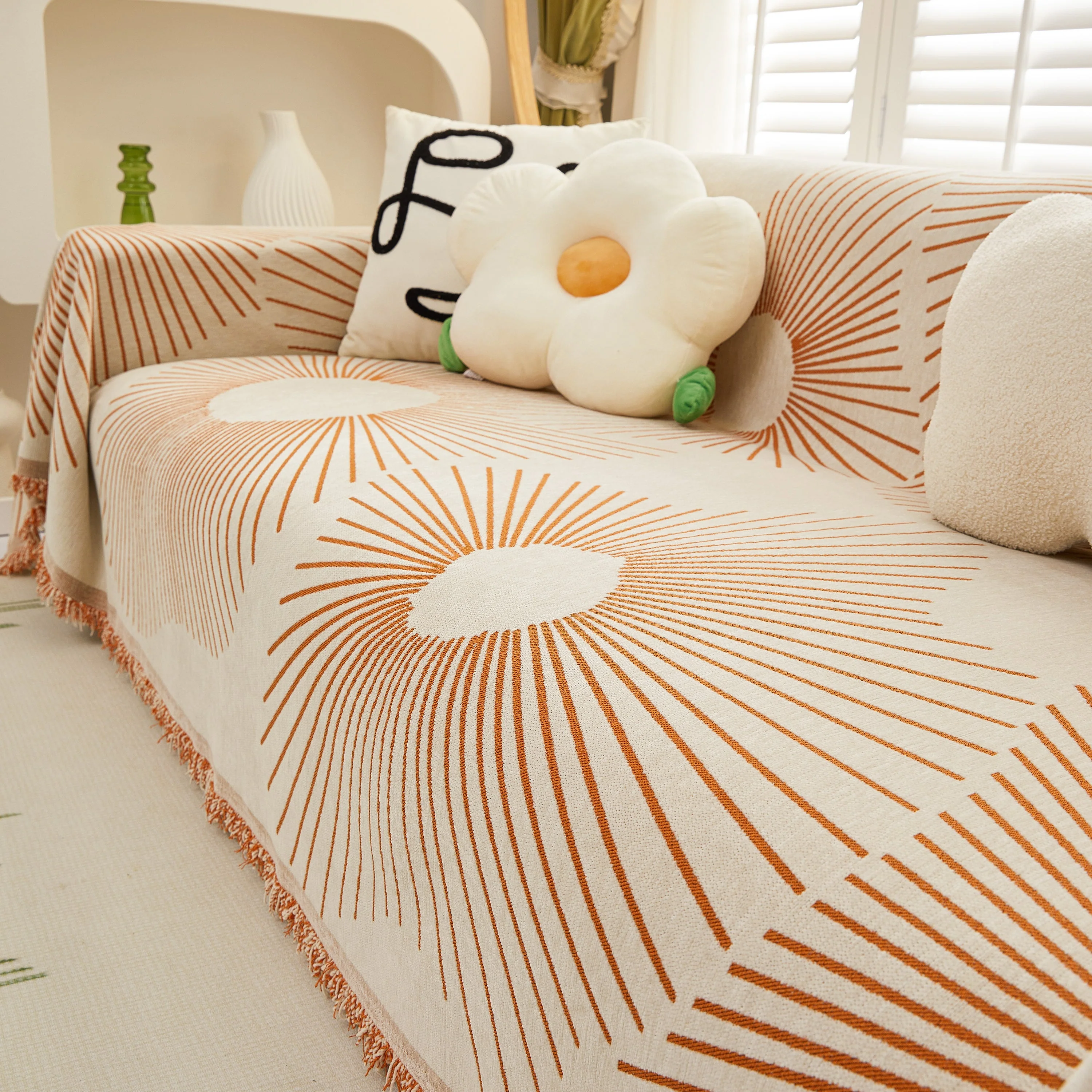 Geometric Radial Striped L-Shape Sofa Cover: Thick, Reversible Furniture Blanket for Kids and Pets - Image 103