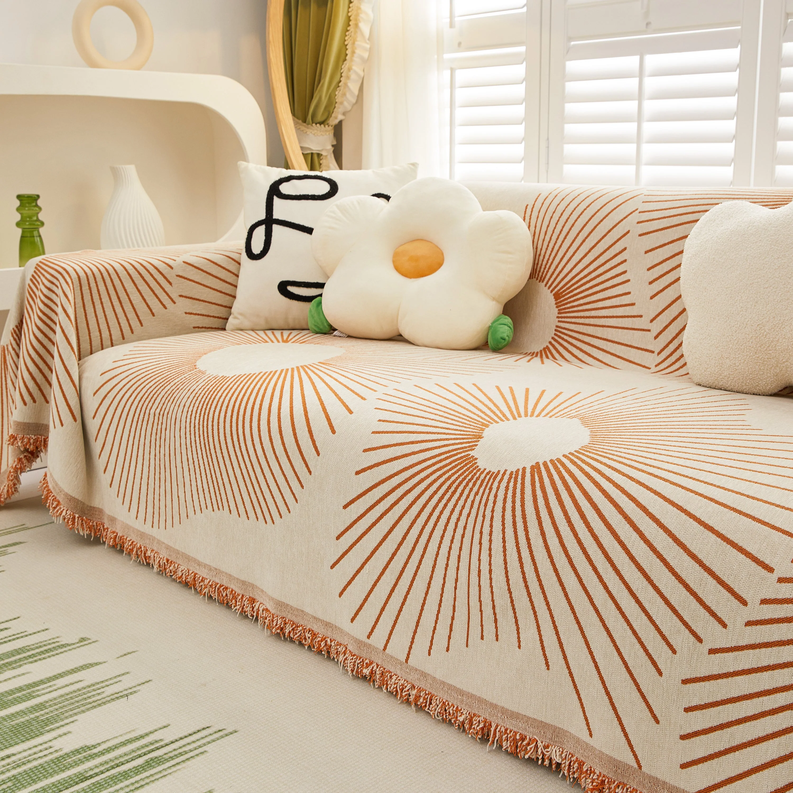 Geometric Radial Striped L-Shape Sofa Cover: Thick, Reversible Furniture Blanket for Kids and Pets - Image 104