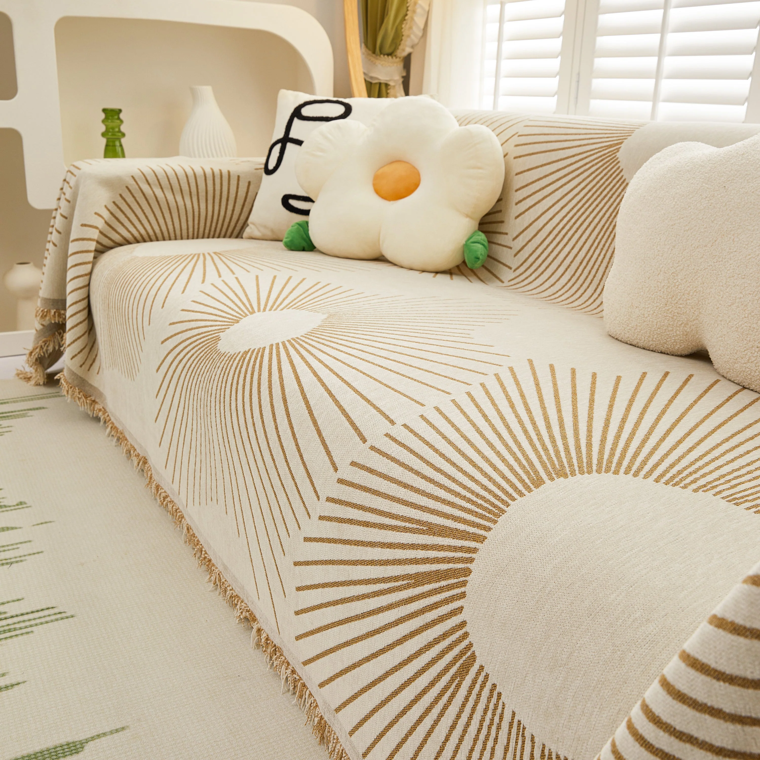 Geometric Radial Striped L-Shape Sofa Cover: Thick, Reversible Furniture Blanket for Kids and Pets - Image 12