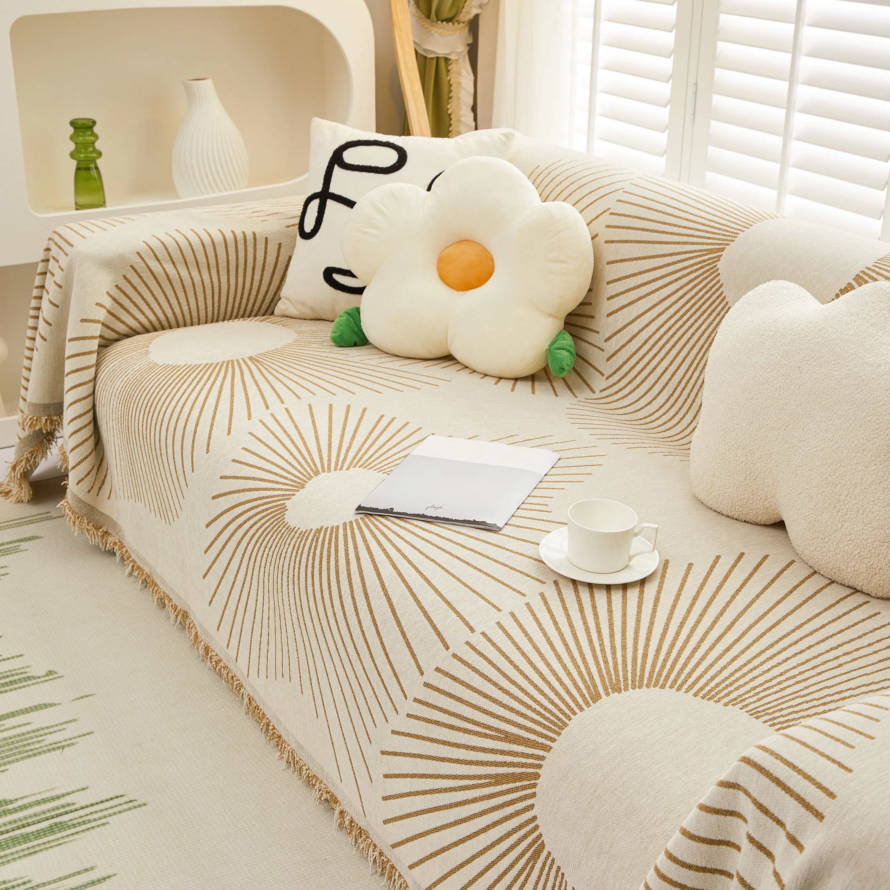 Geometric Radial Striped L-Shape Sofa Cover: Thick, Reversible Furniture Blanket for Kids and Pets - Image 17