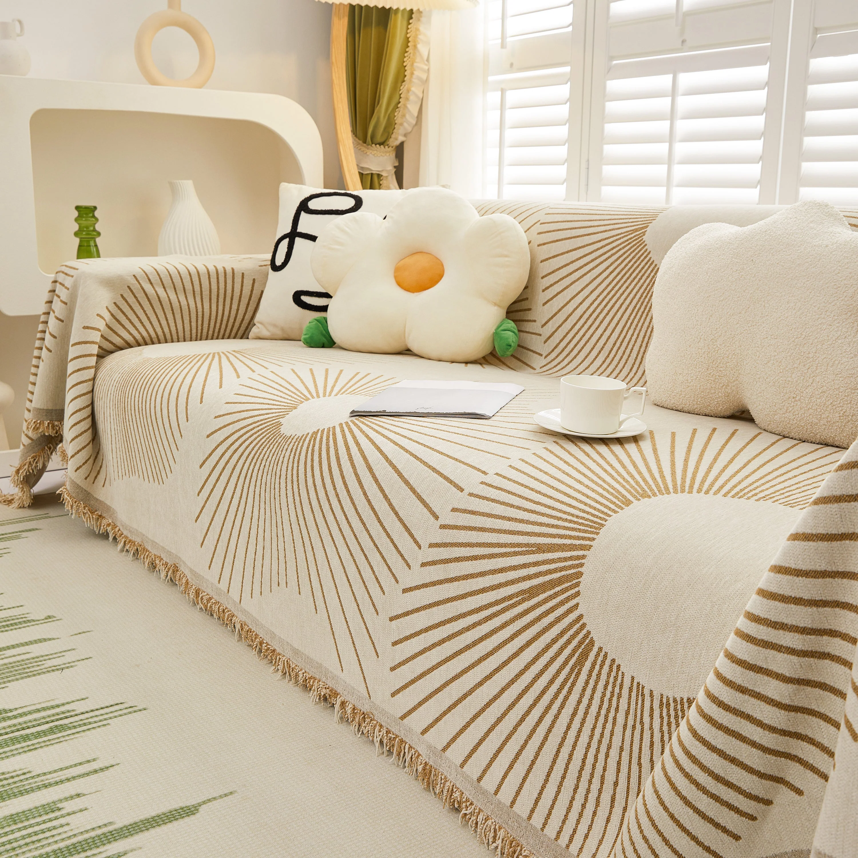 Geometric Radial Striped L-Shape Sofa Cover: Thick, Reversible Furniture Blanket for Kids and Pets - Image 18