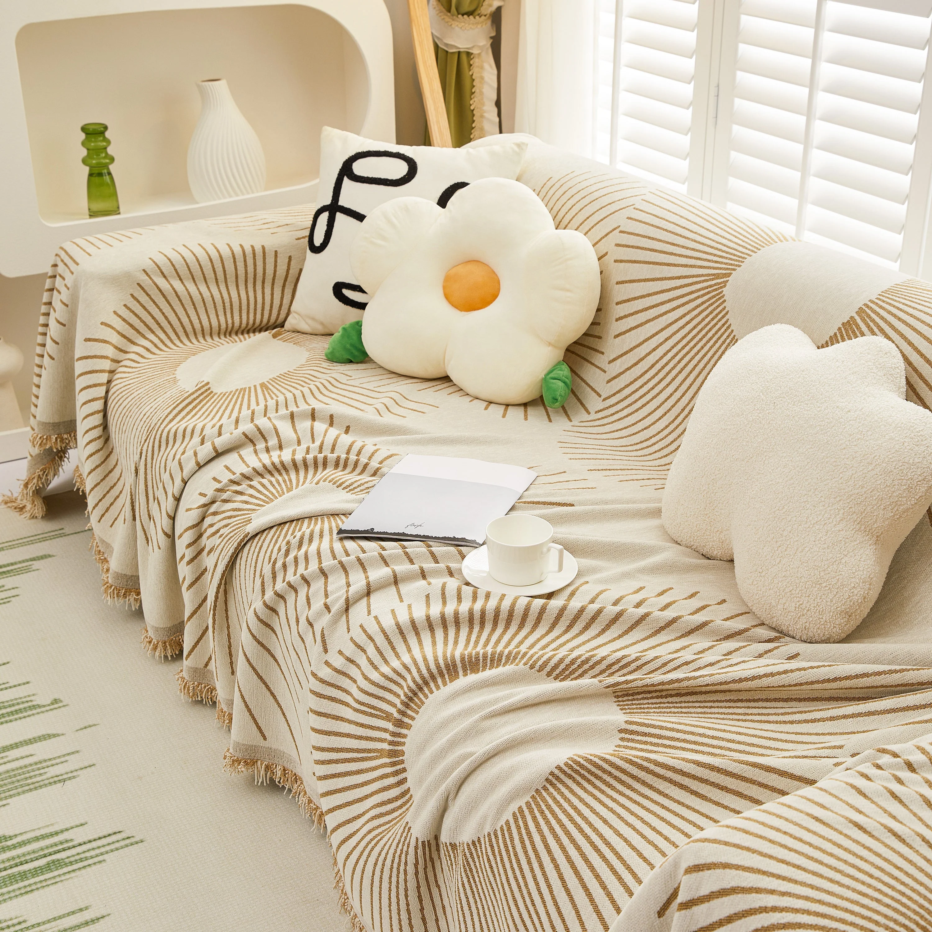 Geometric Radial Striped L-Shape Sofa Cover: Thick, Reversible Furniture Blanket for Kids and Pets - Image 19