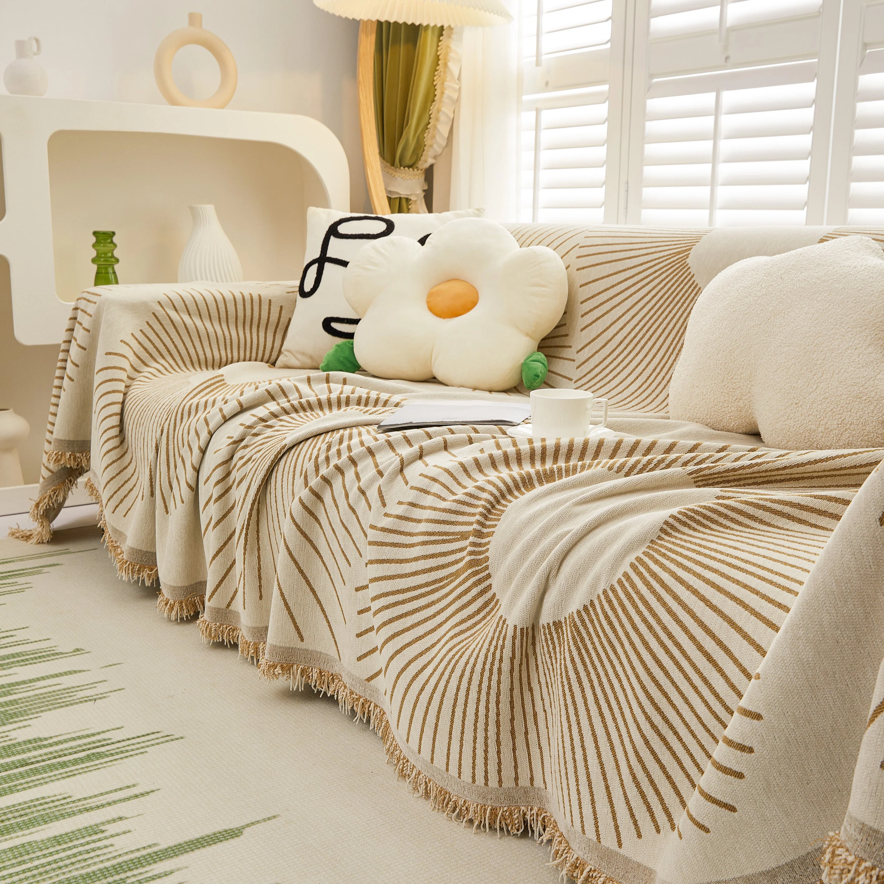 Geometric Radial Striped L-Shape Sofa Cover: Thick, Reversible Furniture Blanket for Kids and Pets - Image 20