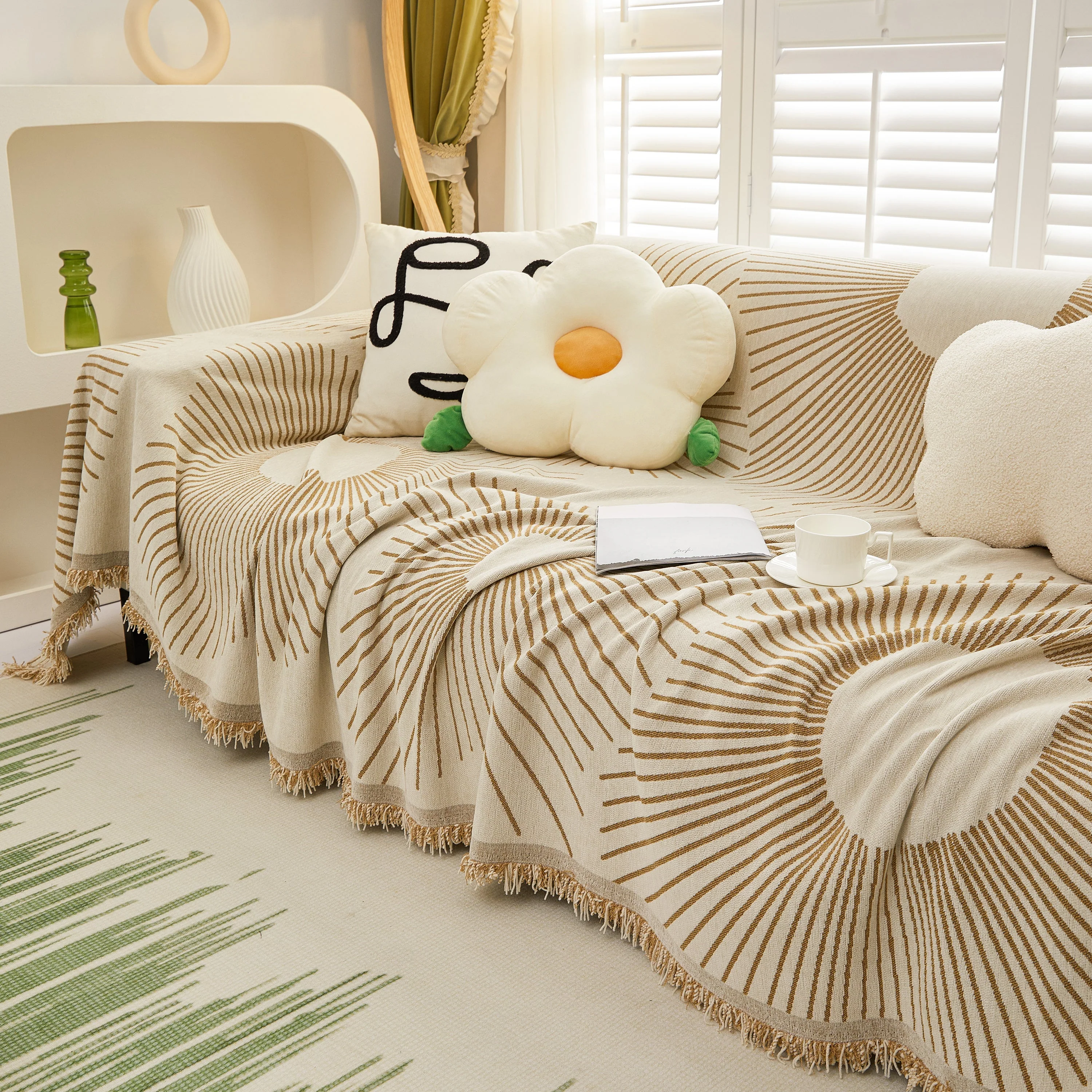 Geometric Radial Striped L-Shape Sofa Cover: Thick, Reversible Furniture Blanket for Kids and Pets - Image 21