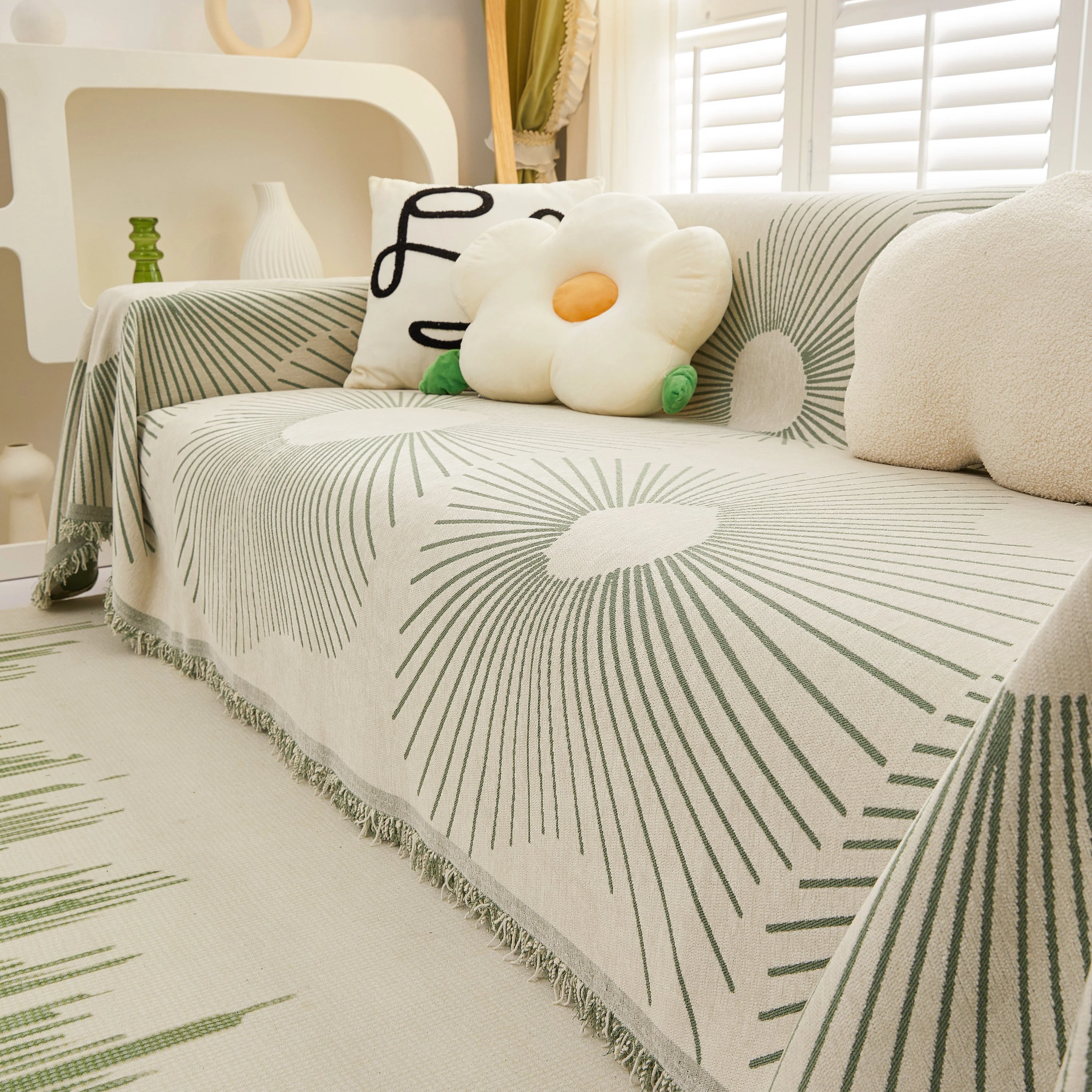 Geometric Radial Striped L-Shape Sofa Cover: Thick, Reversible Furniture Blanket for Kids and Pets - Image 35