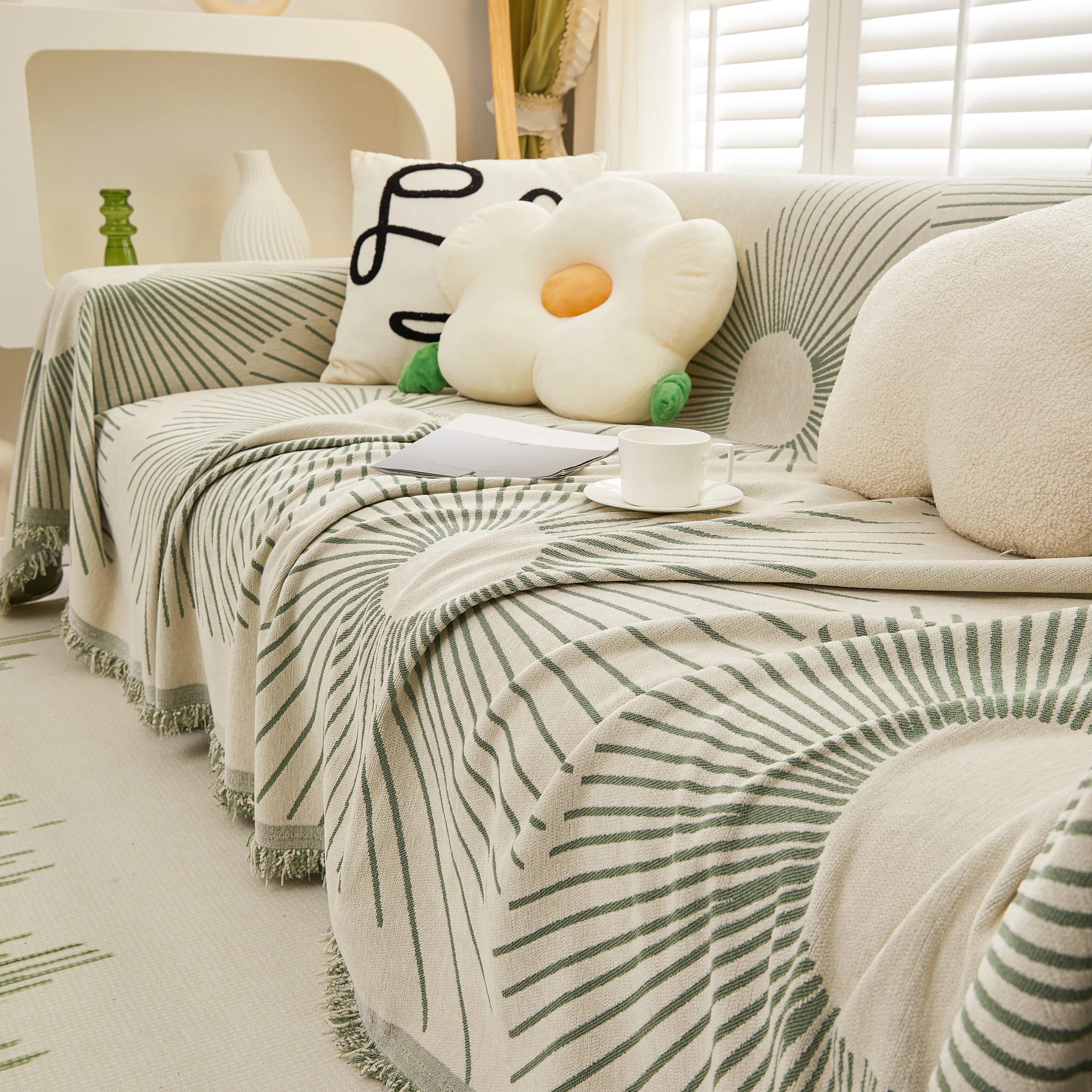 Geometric Radial Striped L-Shape Sofa Cover: Thick, Reversible Furniture Blanket for Kids and Pets - Image 41