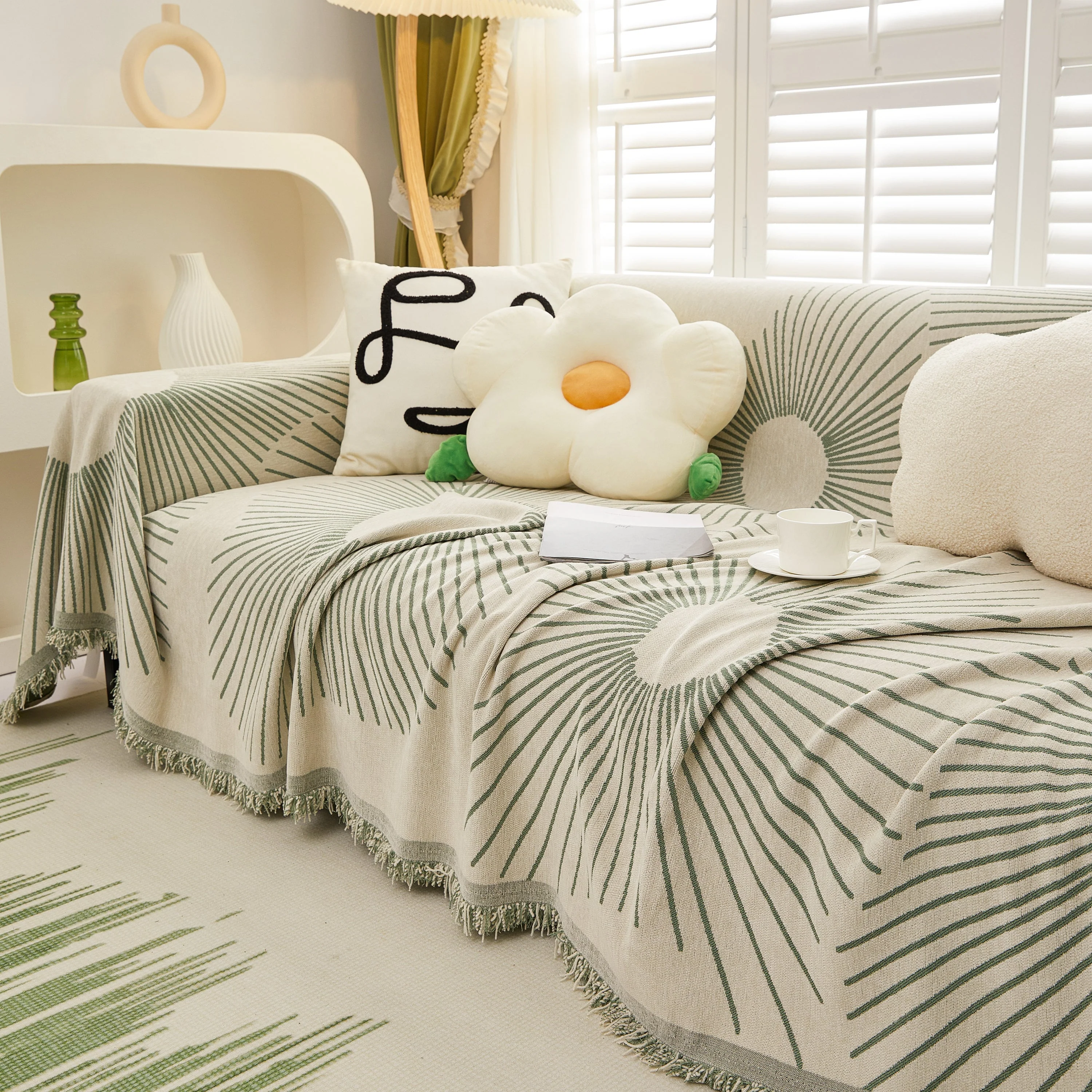Geometric Radial Striped L-Shape Sofa Cover: Thick, Reversible Furniture Blanket for Kids and Pets - Image 43