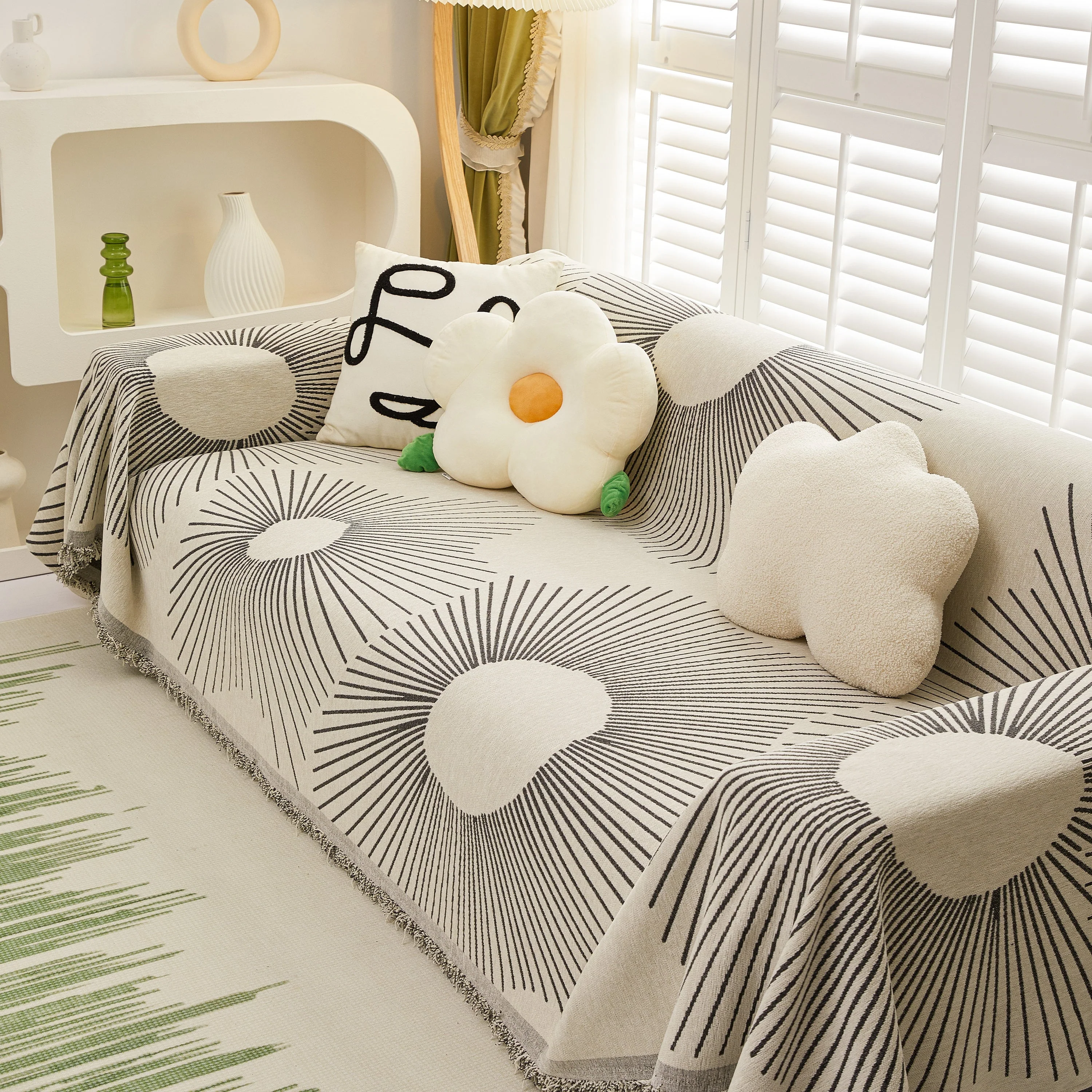 Geometric Radial Striped L-Shape Sofa Cover: Thick, Reversible Furniture Blanket for Kids and Pets - Image 54