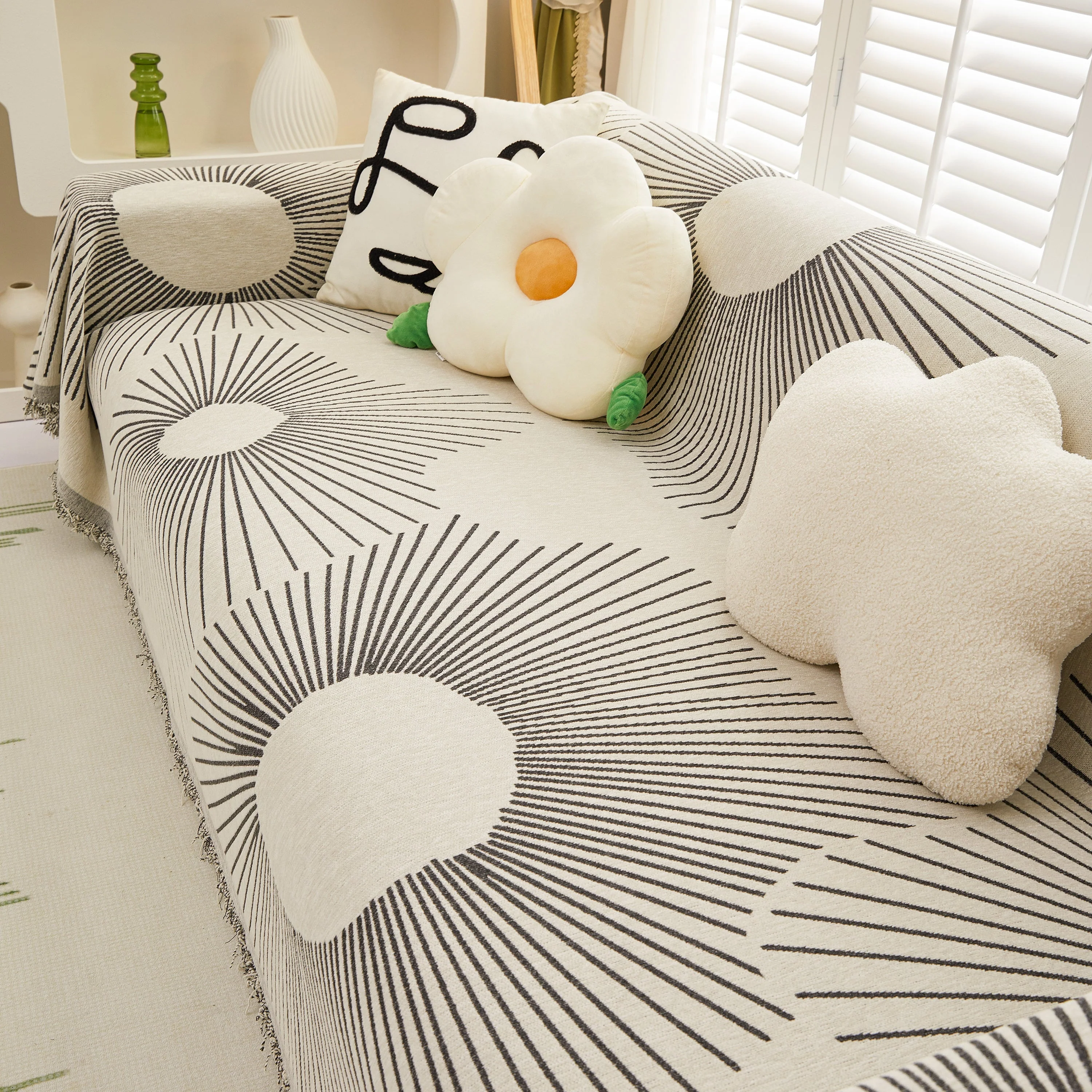 Geometric Radial Striped L-Shape Sofa Cover: Thick, Reversible Furniture Blanket for Kids and Pets - Image 56