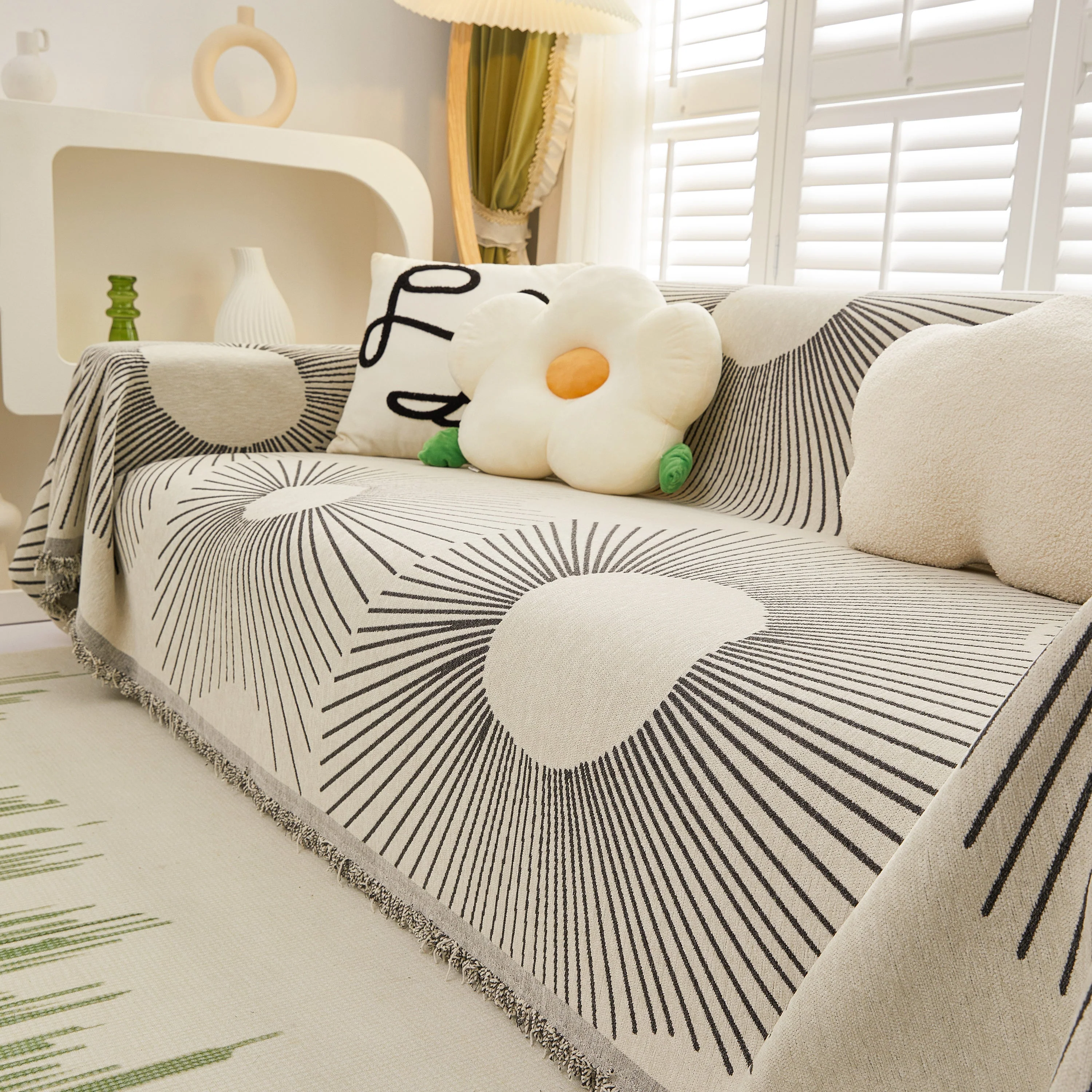 Geometric Radial Striped L-Shape Sofa Cover: Thick, Reversible Furniture Blanket for Kids and Pets - Image 57