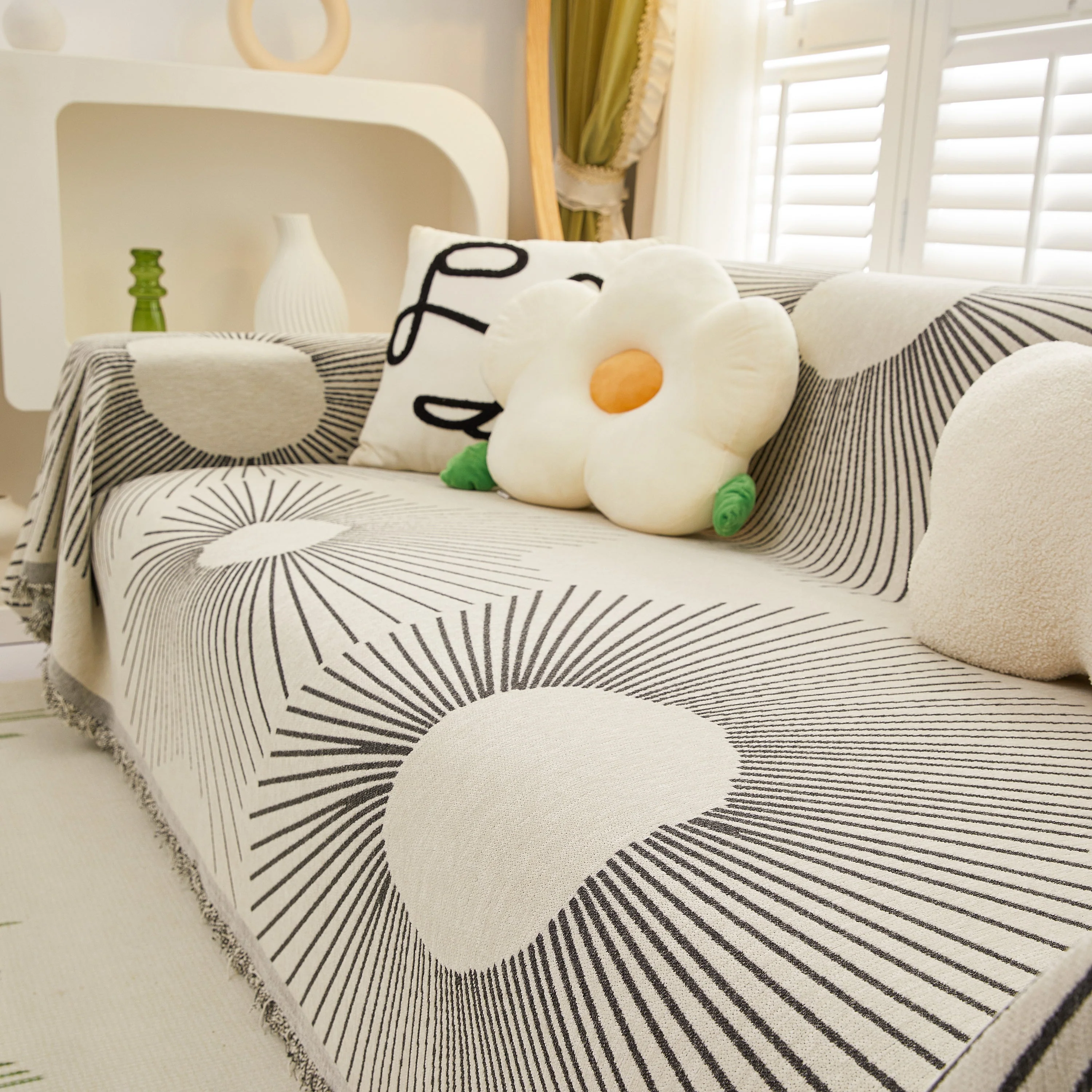 Geometric Radial Striped L-Shape Sofa Cover: Thick, Reversible Furniture Blanket for Kids and Pets - Image 58