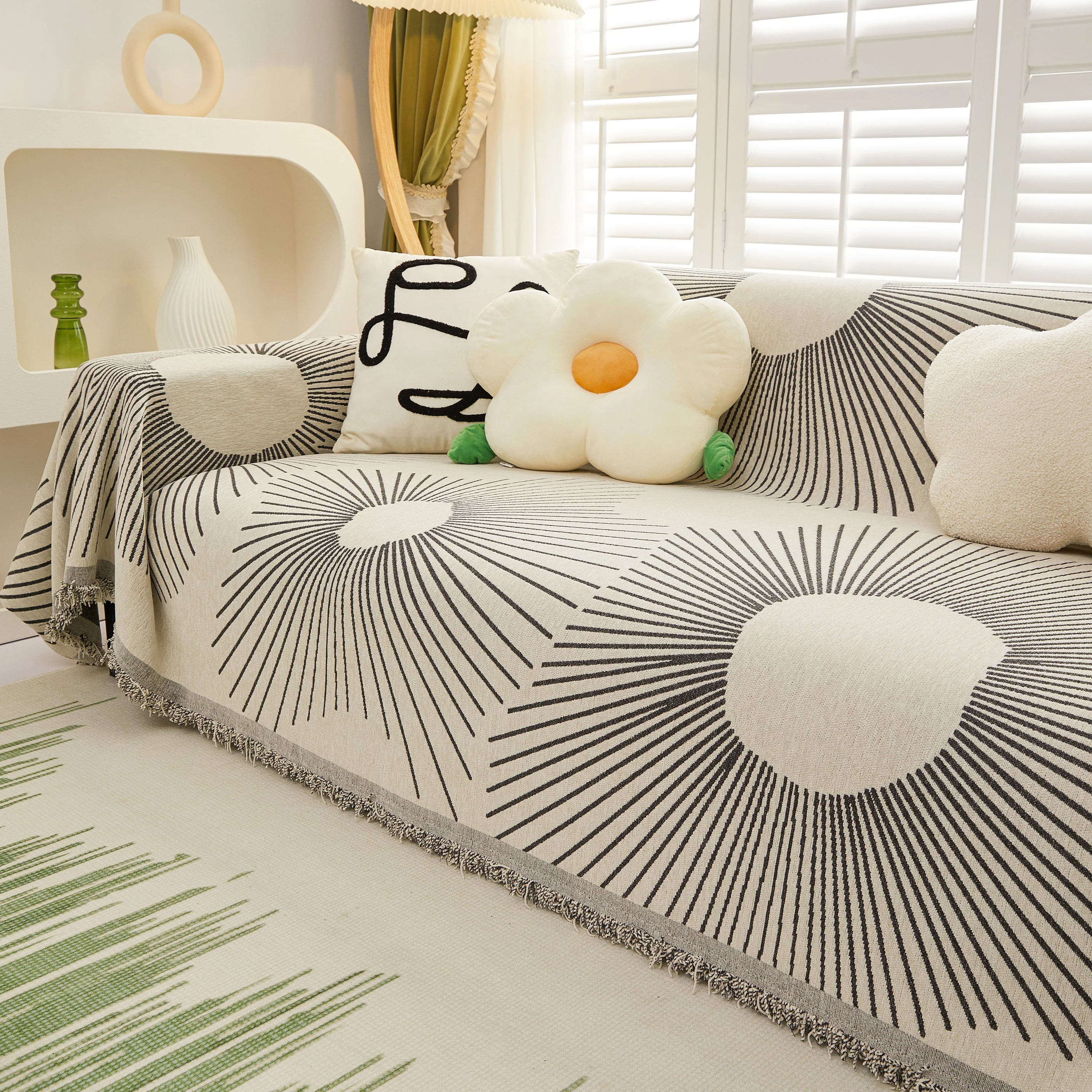Geometric Radial Striped L-Shape Sofa Cover: Thick, Reversible Furniture Blanket for Kids and Pets - Image 59