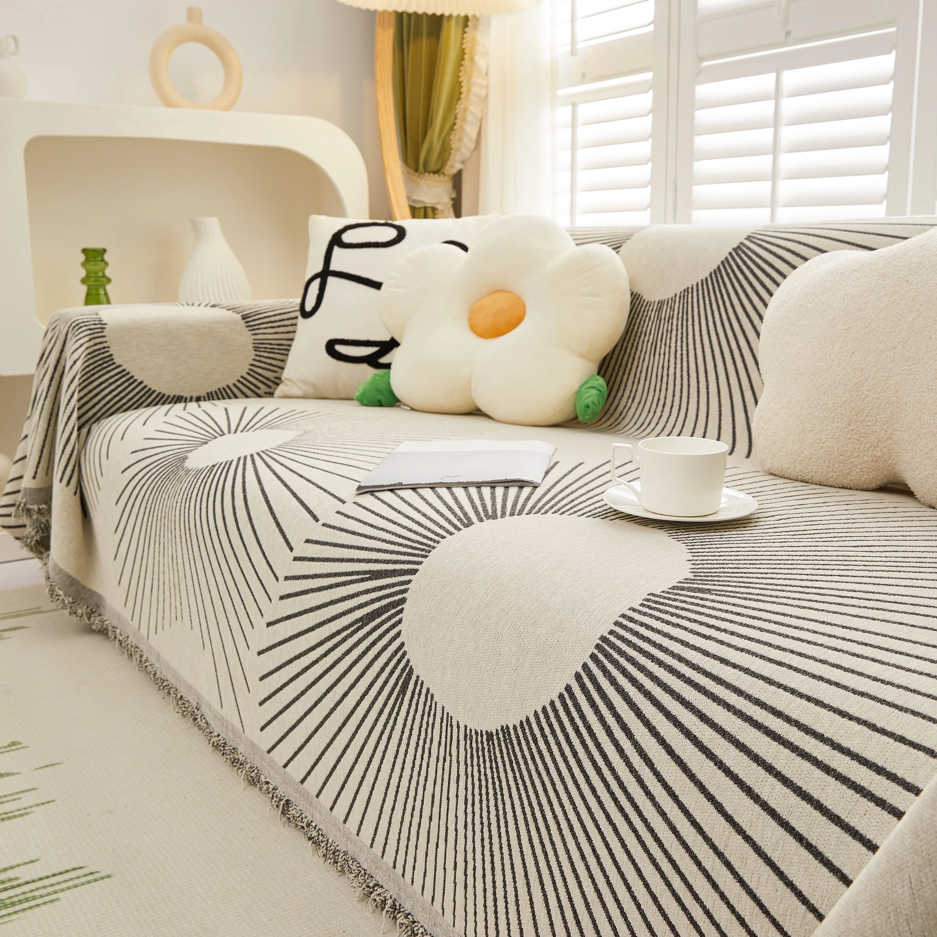 Geometric Radial Striped L-Shape Sofa Cover: Thick, Reversible Furniture Blanket for Kids and Pets - Image 61