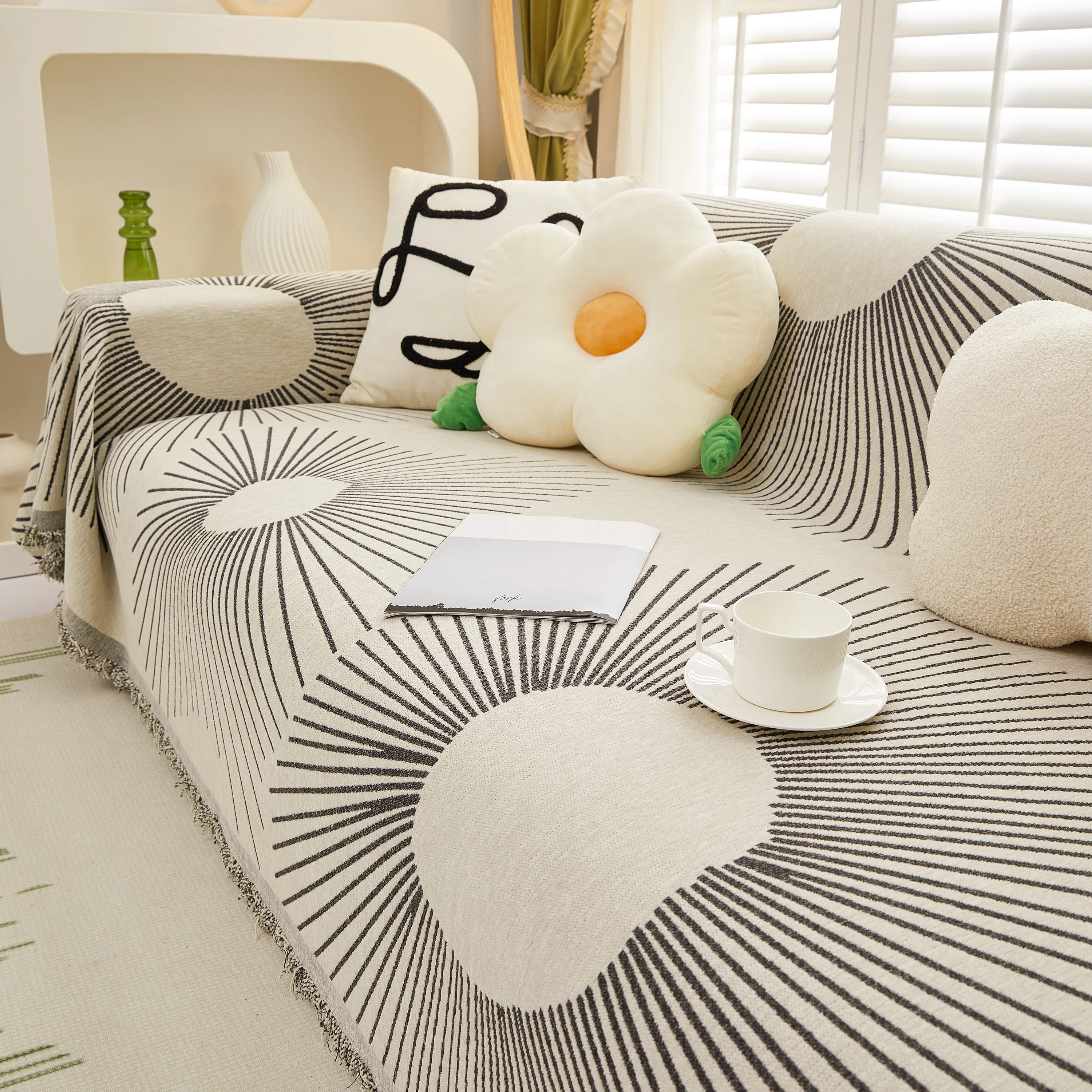 Geometric Radial Striped L-Shape Sofa Cover: Thick, Reversible Furniture Blanket for Kids and Pets - Image 62