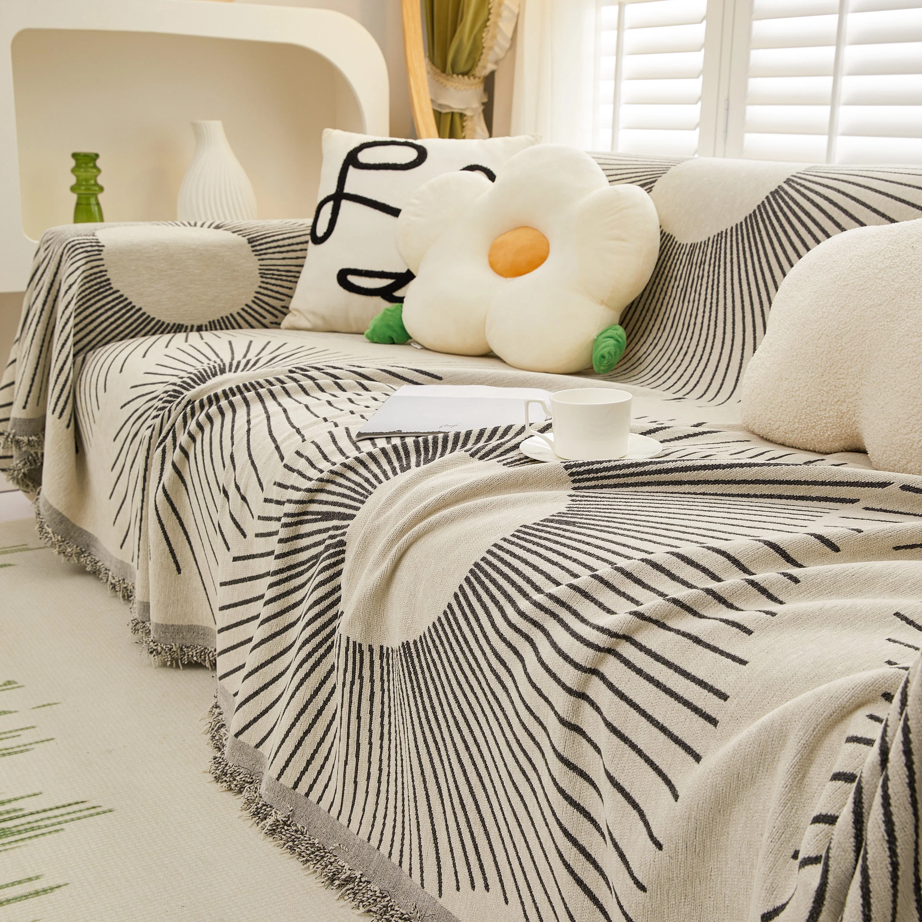 Geometric Radial Striped L-Shape Sofa Cover: Thick, Reversible Furniture Blanket for Kids and Pets - Image 63
