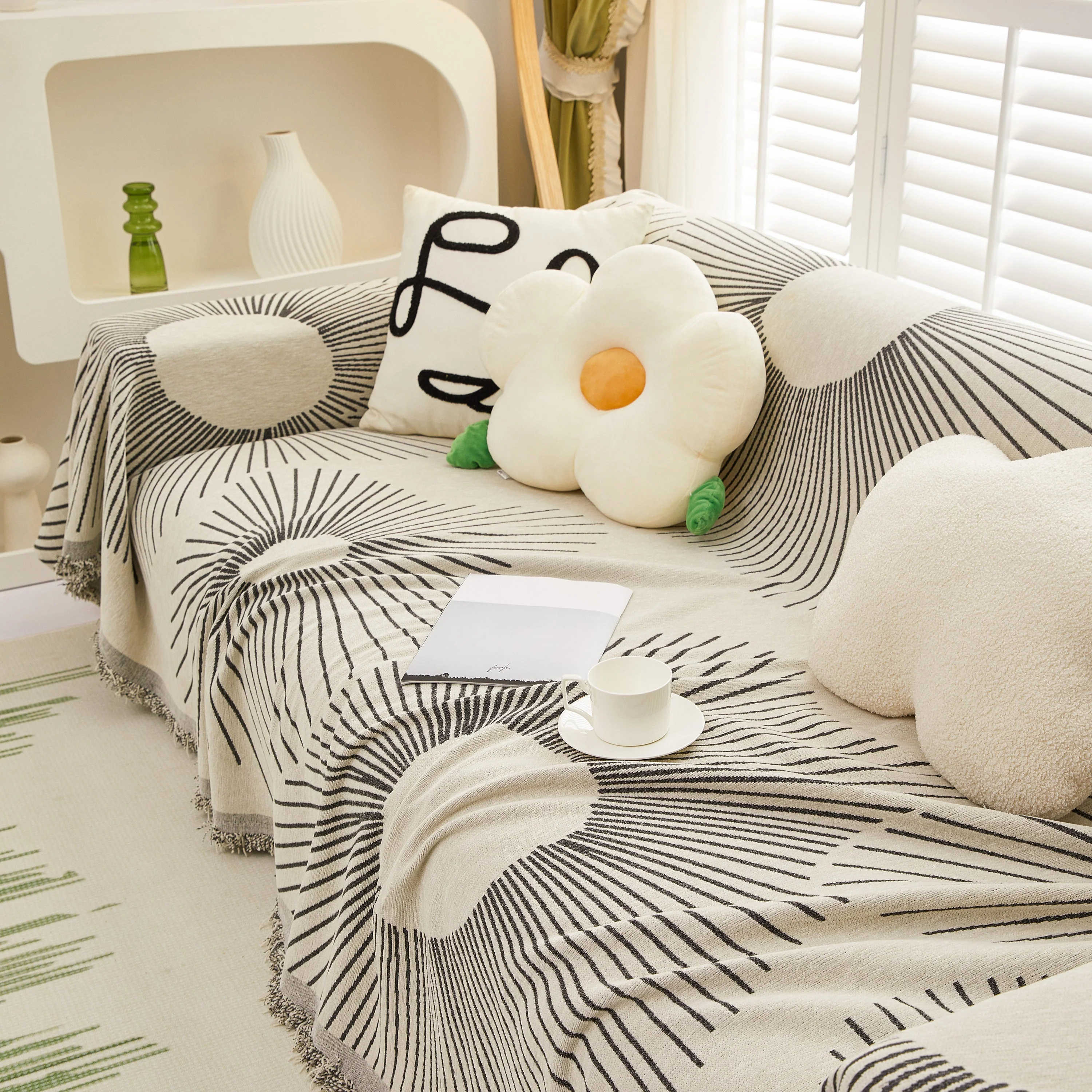Geometric Radial Striped L-Shape Sofa Cover: Thick, Reversible Furniture Blanket for Kids and Pets - Image 64