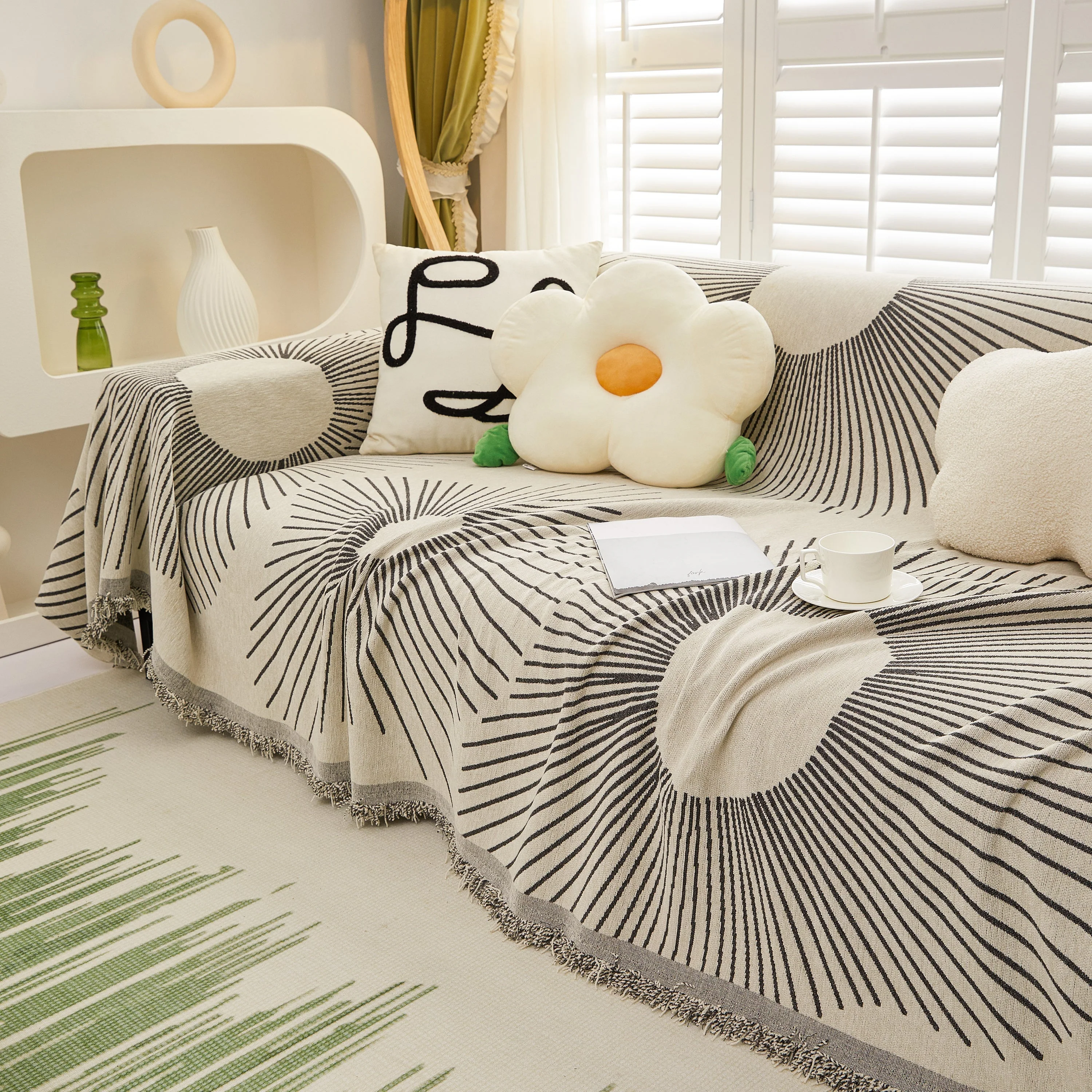 Geometric Radial Striped L-Shape Sofa Cover: Thick, Reversible Furniture Blanket for Kids and Pets - Image 65
