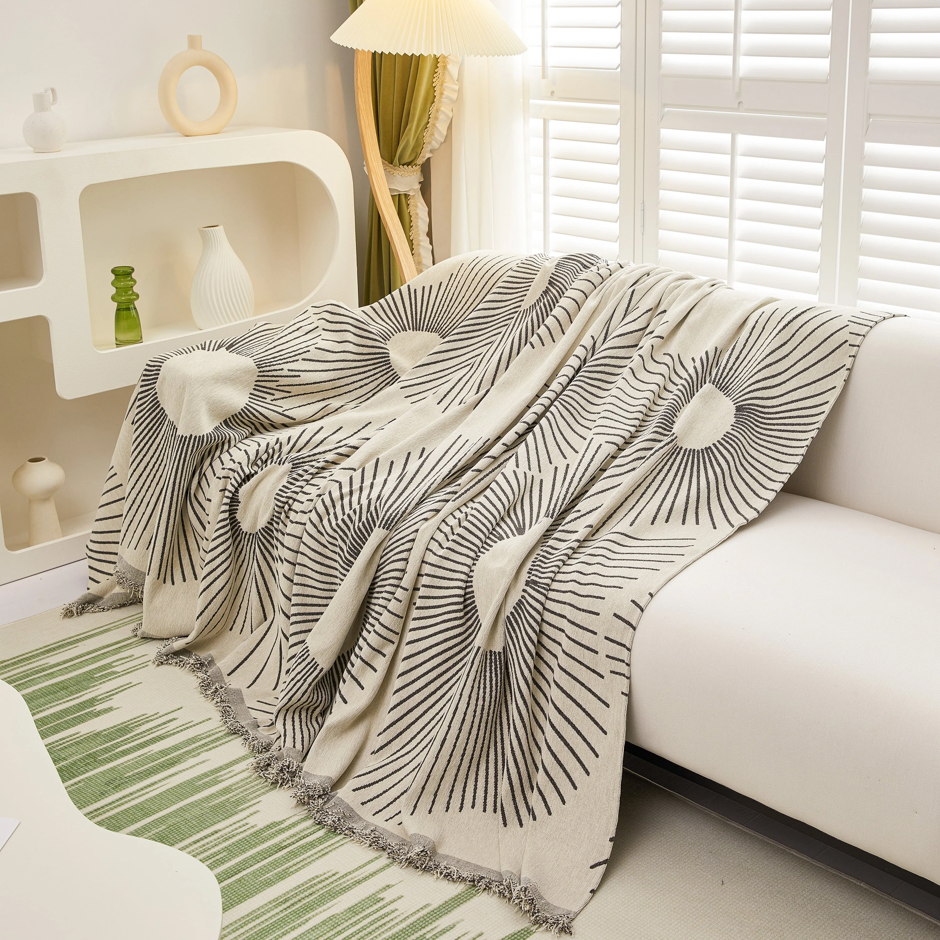 Geometric Radial Striped L-Shape Sofa Cover: Thick, Reversible Furniture Blanket for Kids and Pets - Image 66