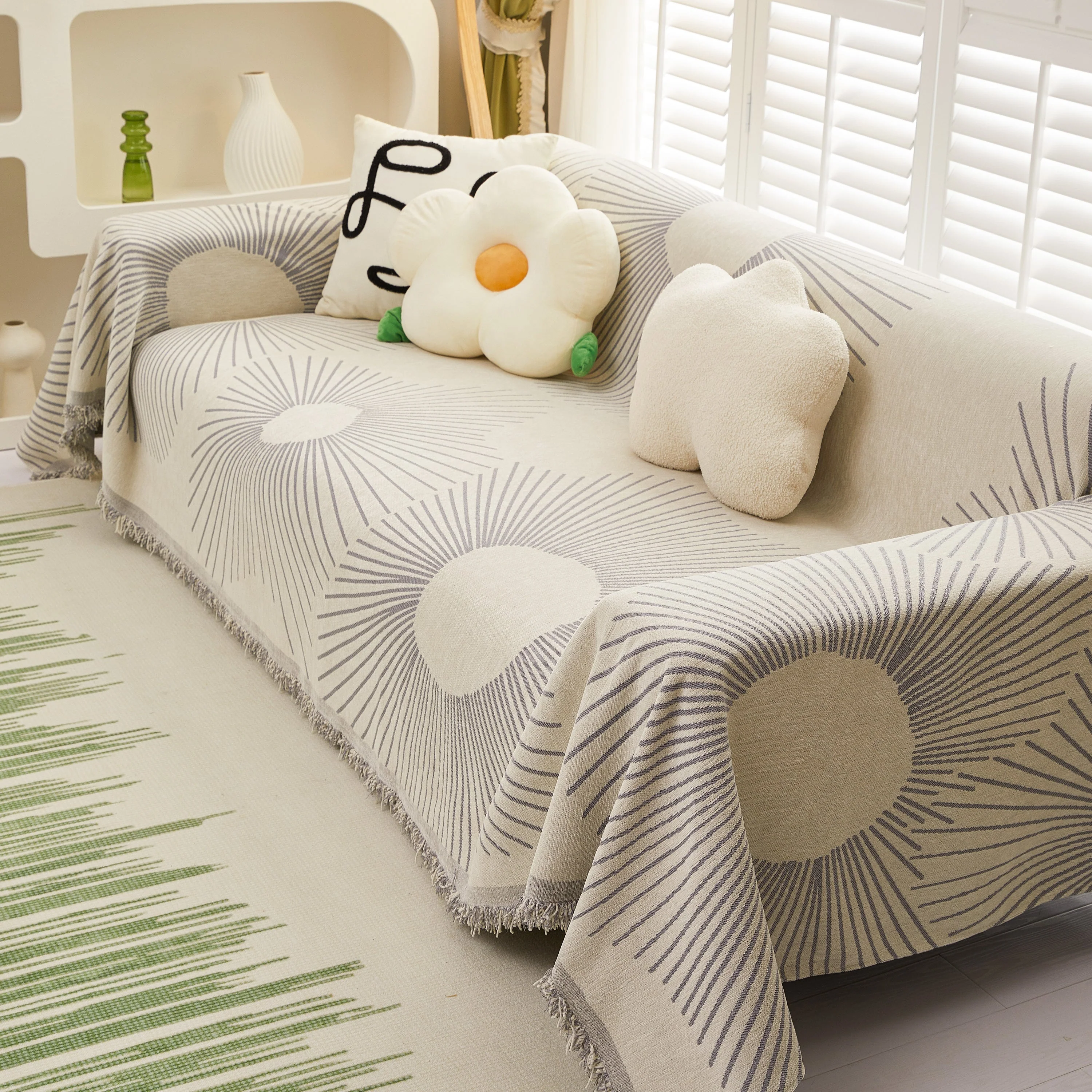 Geometric Radial Striped L-Shape Sofa Cover: Thick, Reversible Furniture Blanket for Kids and Pets - Image 77