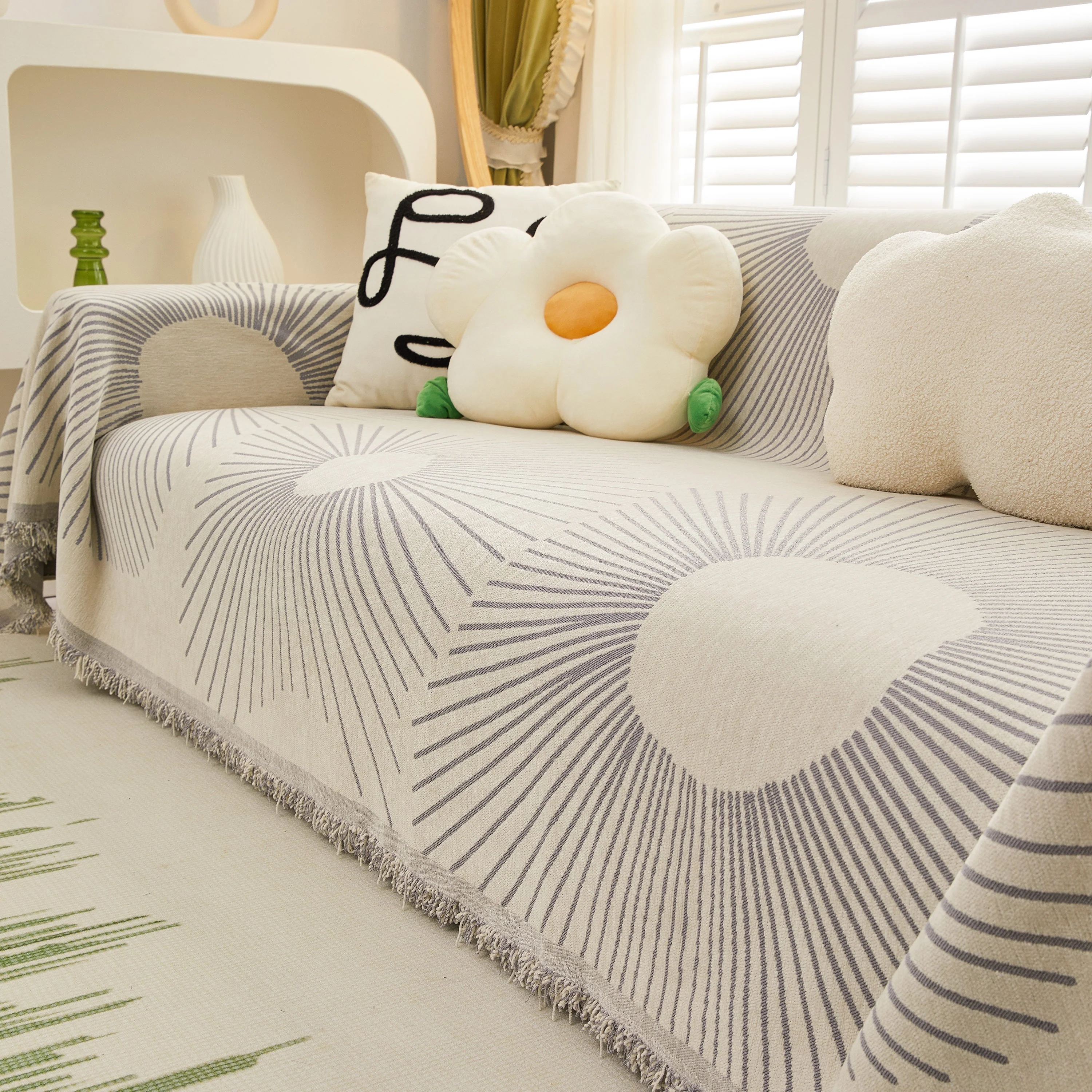 Geometric Radial Striped L-Shape Sofa Cover: Thick, Reversible Furniture Blanket for Kids and Pets - Image 78