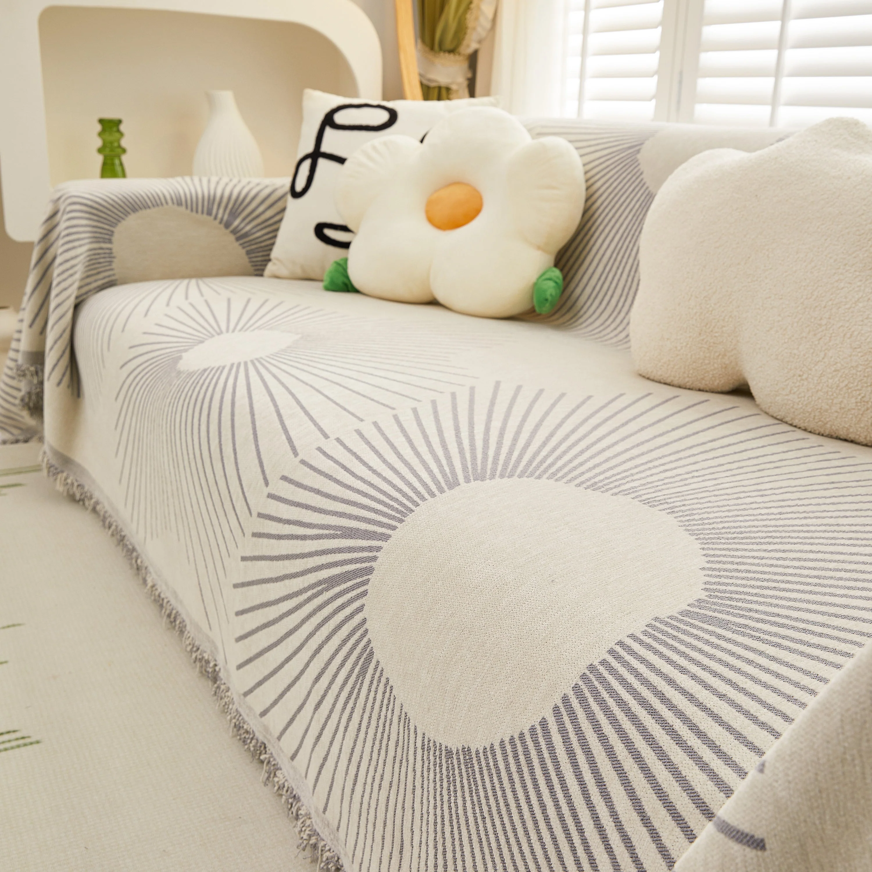 Geometric Radial Striped L-Shape Sofa Cover: Thick, Reversible Furniture Blanket for Kids and Pets - Image 79