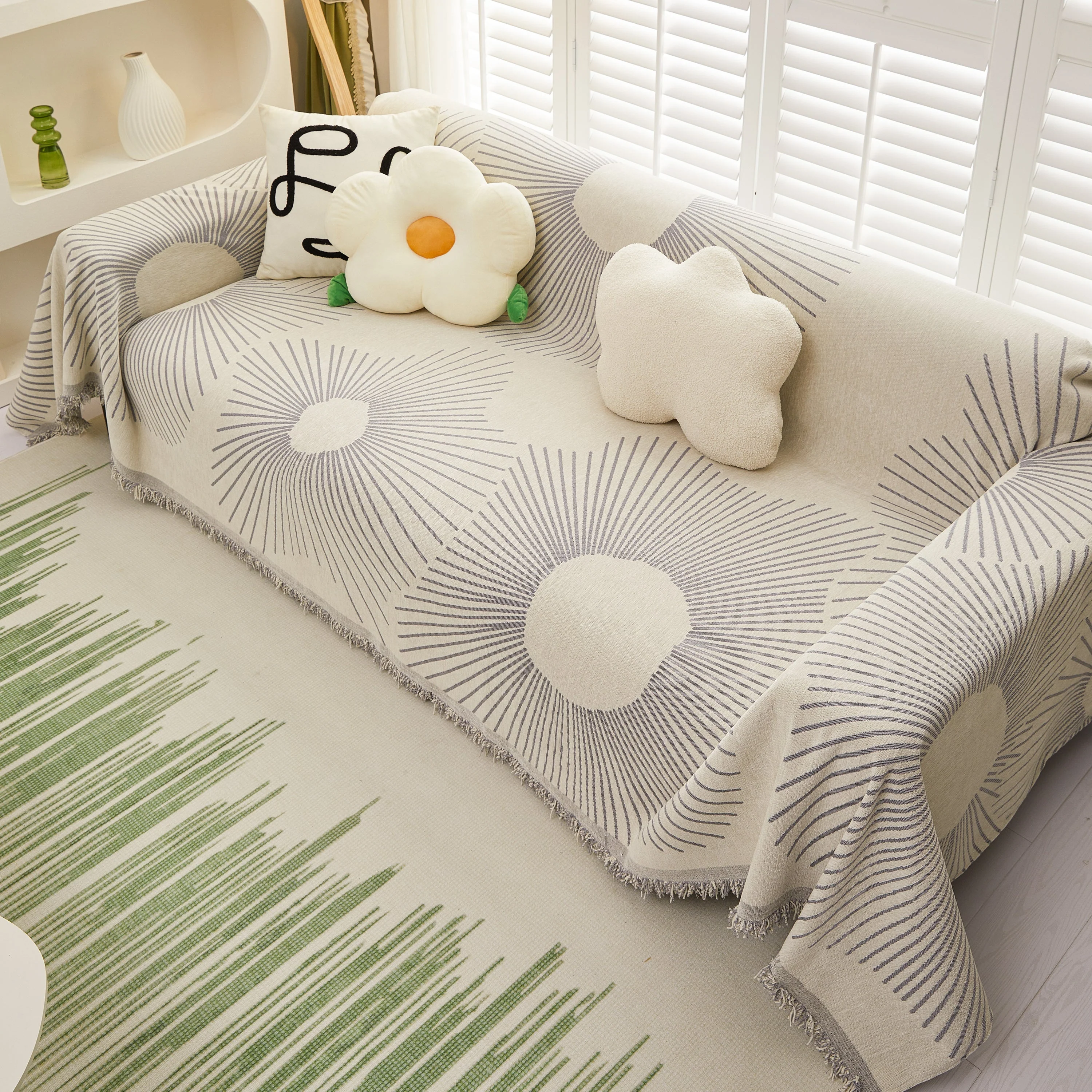 Geometric Radial Striped L-Shape Sofa Cover: Thick, Reversible Furniture Blanket for Kids and Pets - Image 81