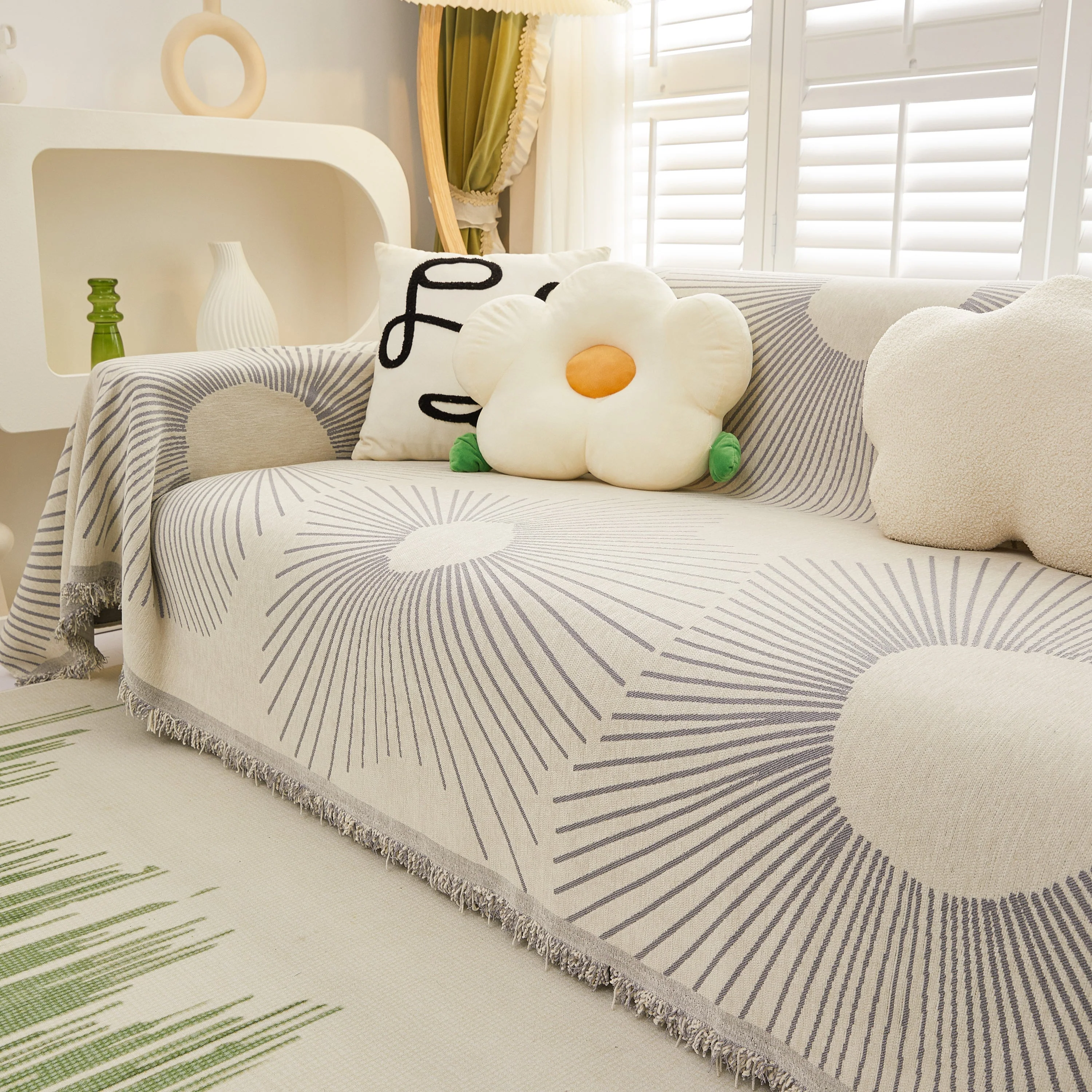 Geometric Radial Striped L-Shape Sofa Cover: Thick, Reversible Furniture Blanket for Kids and Pets - Image 82